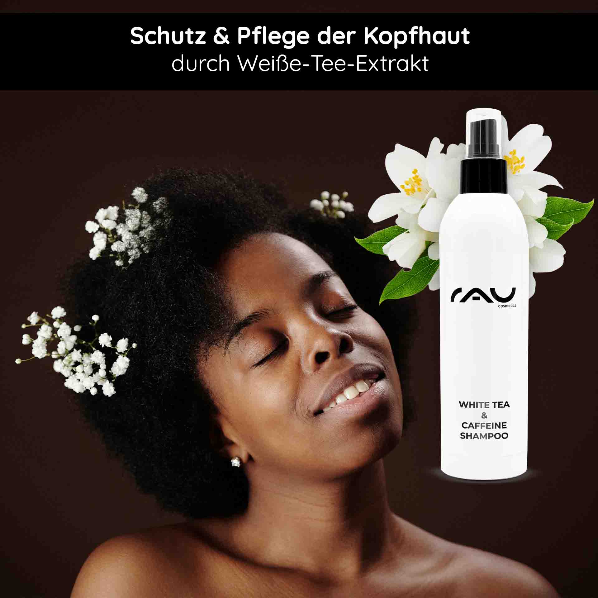 Shampoo al Tè Bianco & Caffeina 250 ml Frau mit lockigem Haar und Blumen im Haar, präsentiert das RAU White Tea & Caffeine Shampoo, betont Schutz und Pflege durch Weißtee-Extrakt.