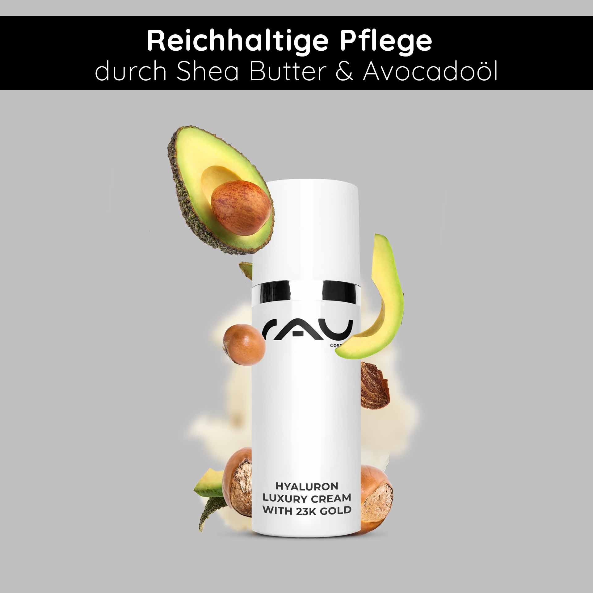 Hyaluron Luxury Cream con oro 23k 50 ml Crema antietà Hyaluron-Luxuscreme mit 23 Karat Gold in einer eleganten weißen Flasche, umgeben von Avocado und Sheabutter, die die reichhaltigen Hautpflegevorteile gegen Alterung und Feuchtigkeitsversorgung betont und sich als Geschenk zum Muttertag eignet.