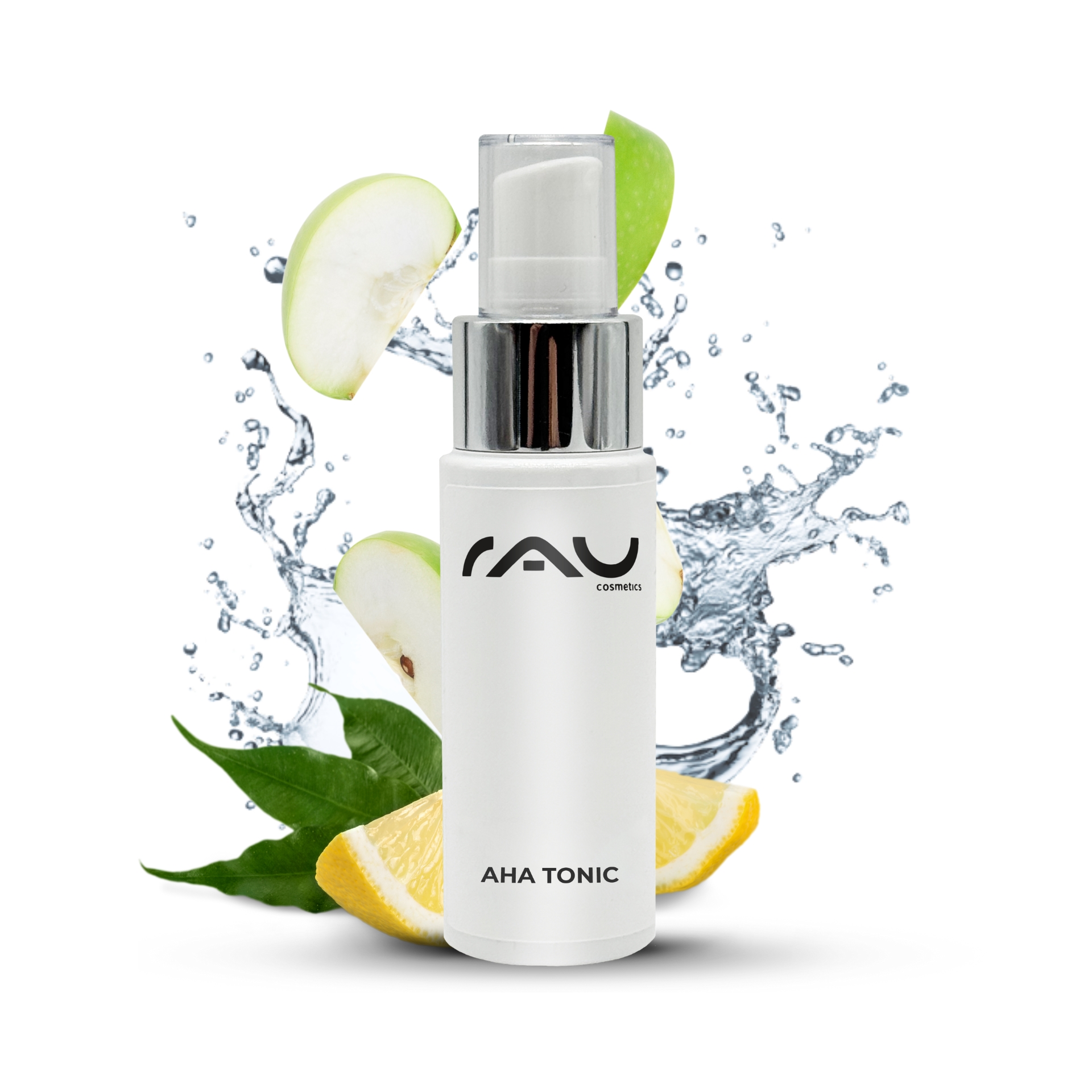 RAU AHA Tonic 50 ml - Tonico rinfrescante con delicati acidi di frutta RAU AHA Tonic-Flasche mit einem Spritzer Wasser, grünen Apfelscheiben und Zitrone, die die erfrischende Hautpflegewirkung mit milden Fruchtsäuren hervorhebt.