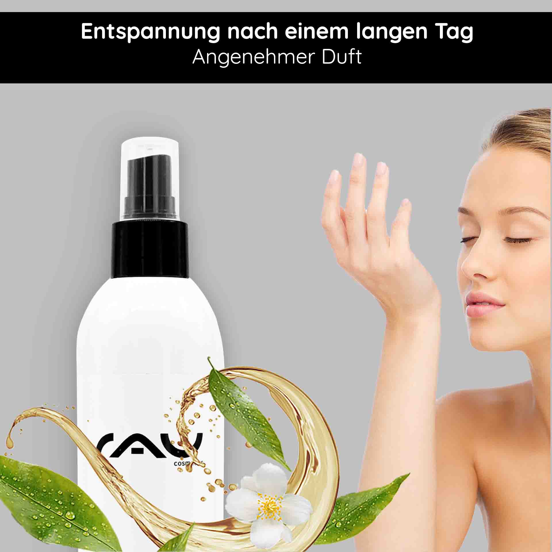 Shampoo al Tè Bianco & Caffeina 250 ml Flasche White Tea & Caffeine Shampoo mit erfrischendem Zitronenduft, abgebildet ist eine Frau, die den Duft genießt und die belebende Wirkung der Haarpflege von RAU Cosmetics hervorhebt.
