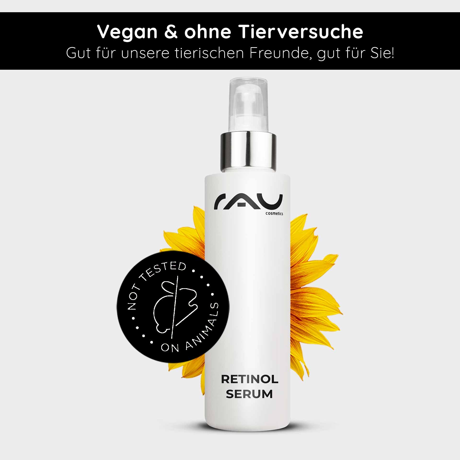 Vegano e non testato sugli animali: Il flacone bianco del Retinol Serum porta con orgoglio i sigilli per la cosmesi sostenibile.
