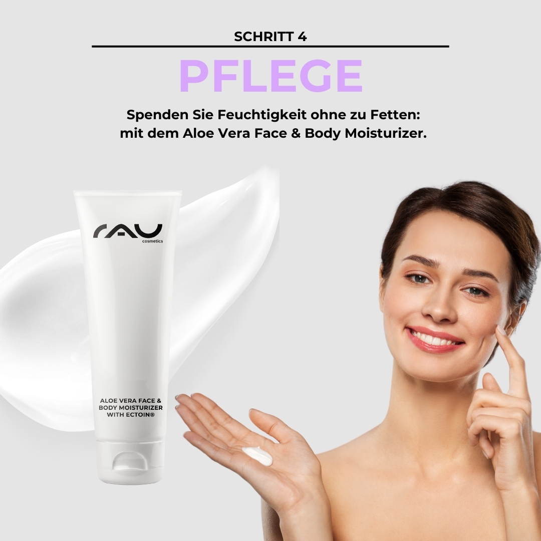 Routine professionale per la pelle mista Aloe Vera Face & Body Moisturizer von RAU Cosmetics in einer Tube, Frau trägt Feuchtigkeitscreme auf ihr Gesicht auf, Schritt 4 der professionellen Hautpflegeroutine für Mischhaut.