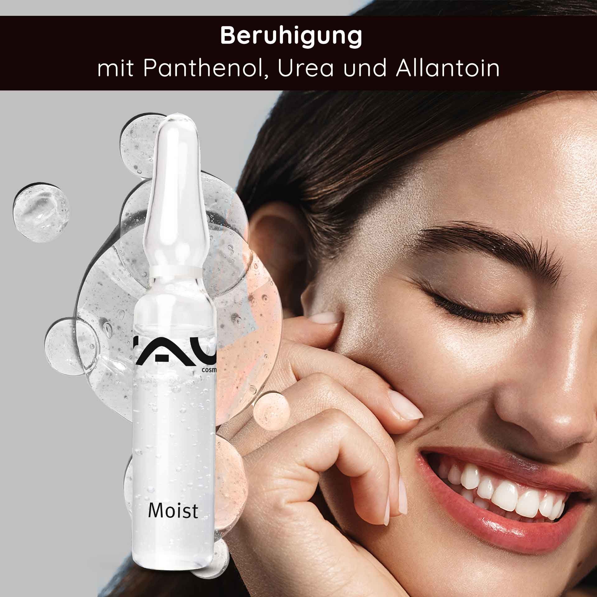 Fiale Moist di RAU Cosmetics – Siero idratante in fiale di vetro, confezionato in una scatola con applicatore, ideale per pelli secche e mature.