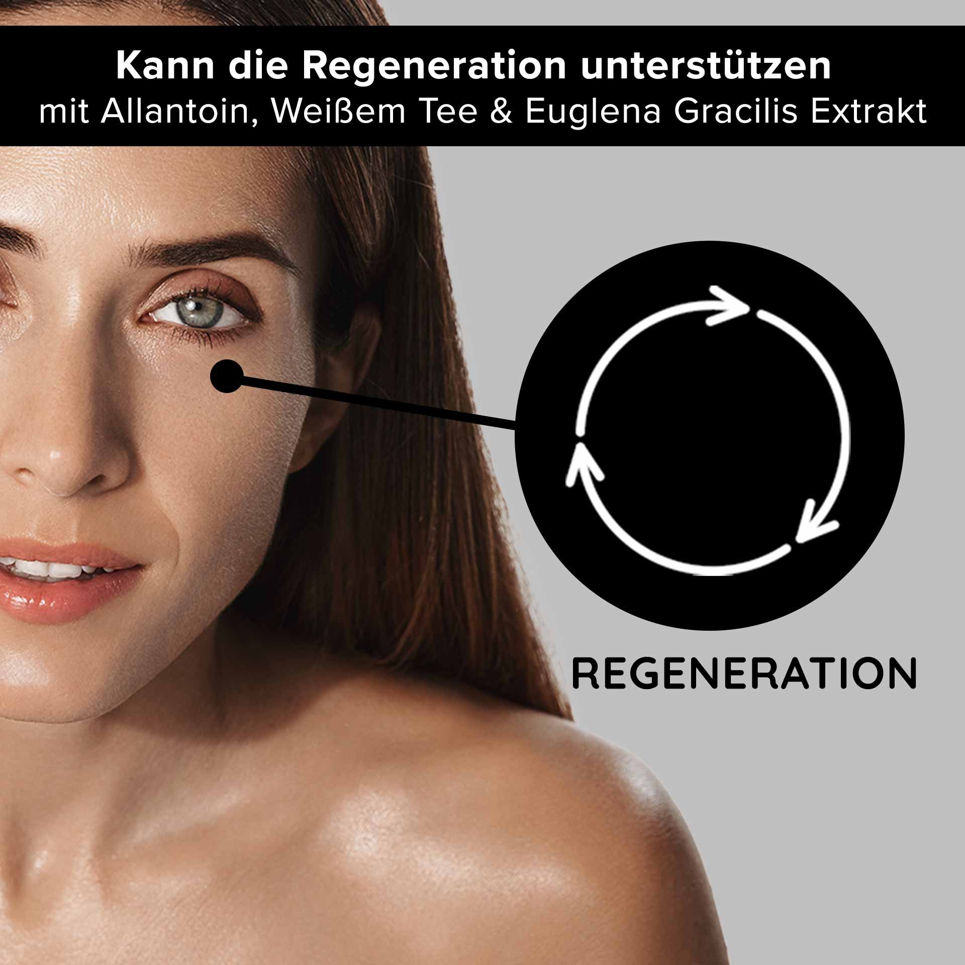 Frau con strahlendem Teint e sichtbarem Auge, betont la regenerierenden Eigenschaften des RAU Cosmetics White Tea Eye Cooling Gel con Allantoin, weißem Tee e Euglena Gracilis Extrakt.