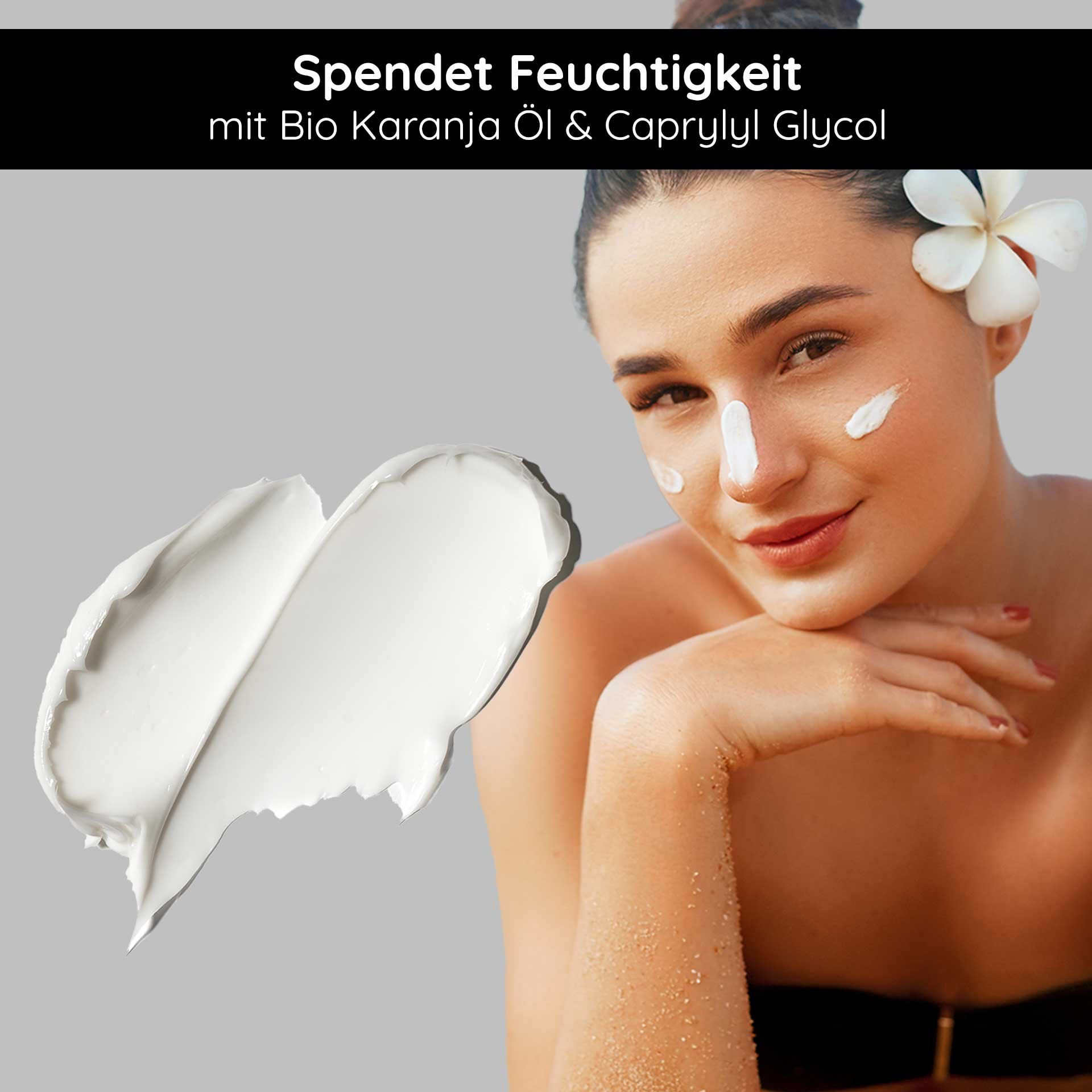 Sonnencreme SPF 50 con Bio Karanja Öl, feuchtigkeitsspendende Consistenza, Applicazione su viso, Hautpflege, anti-aging.