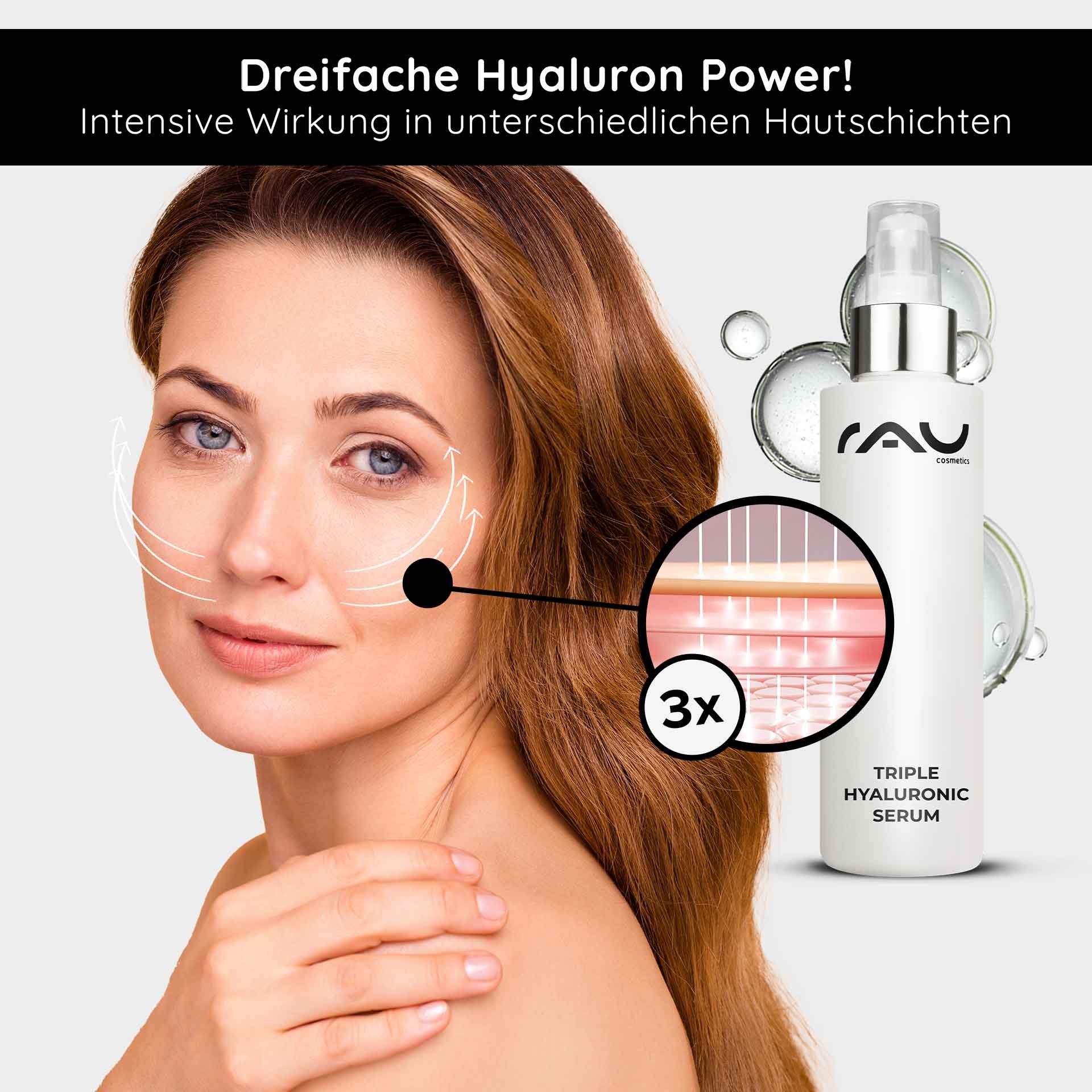 Frau mit glatter Haut und RAU Cosmetics Triple Hyaluronic Serum, betont die dreifache Hyaluron-Power für intensive Feuchtigkeit und Anti-Aging-Wirkung.