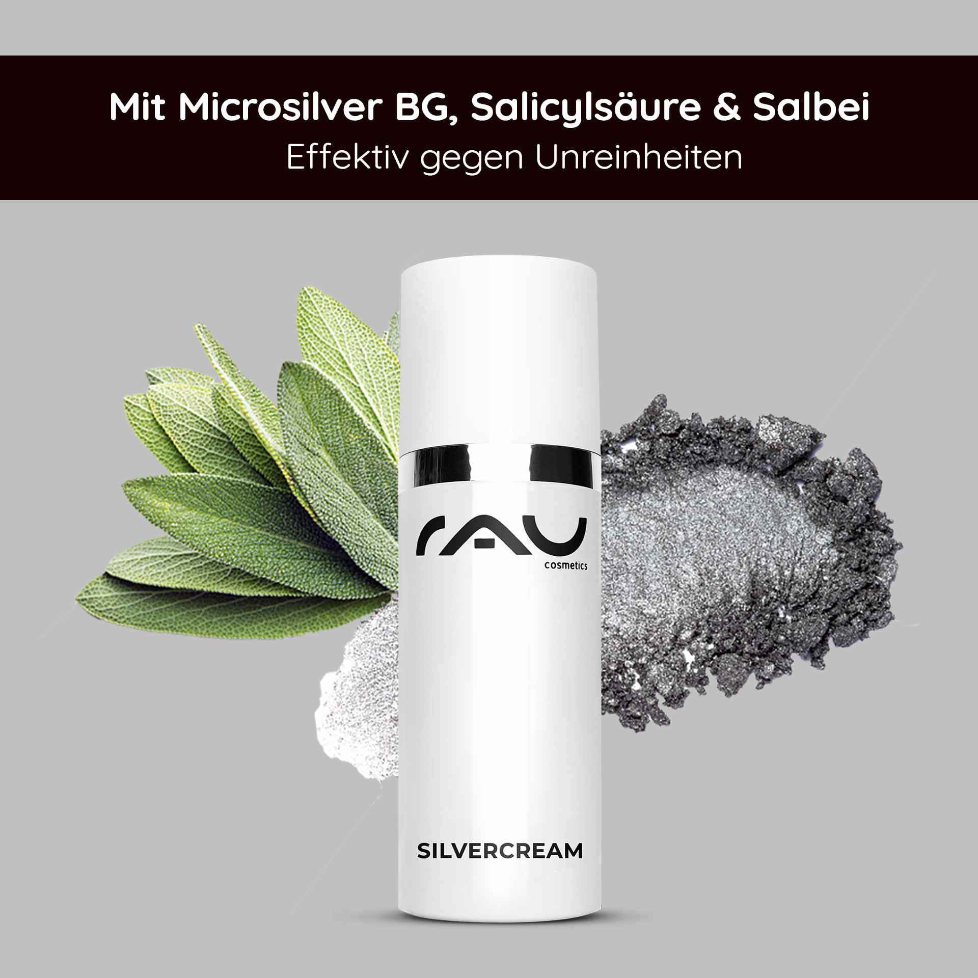 Silvercream 50 ml - Crema speciale per pelle impura e acneica Verpackung der RAU Silvercream mit Mikrosilber, Salicylsäure und Salbei zur Behandlung von Hautunreinheiten auf grauem Hintergrund.