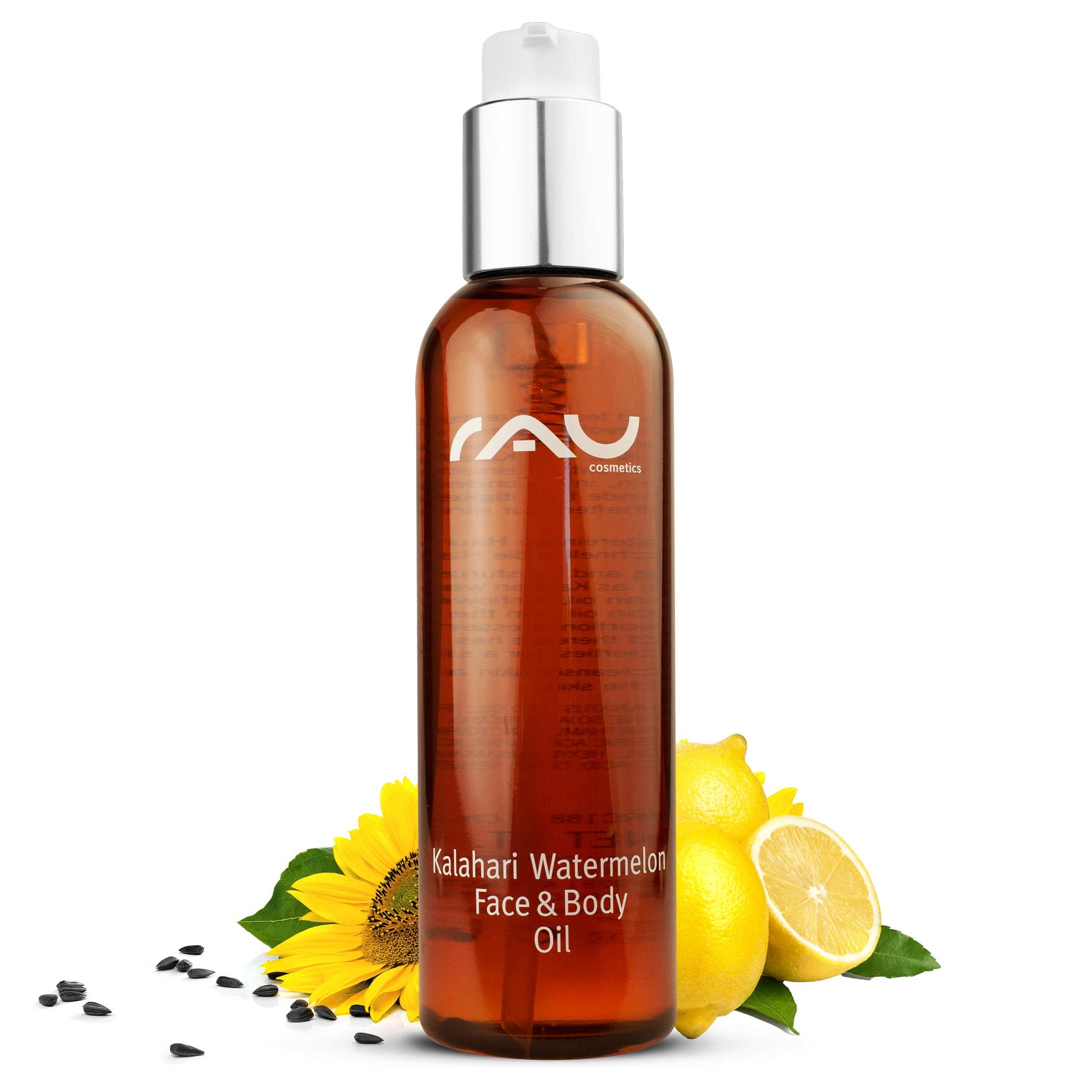 Flasche Kalahari Watermelon Face & Body Oil mit RAU Cosmetics-Logo, umgeben von Sonnenblumenkernen, Zitronenscheiben und Sonnenblumen, die die feuchtigkeitsspendenden und hautpflegenden Vorteile betonen.
