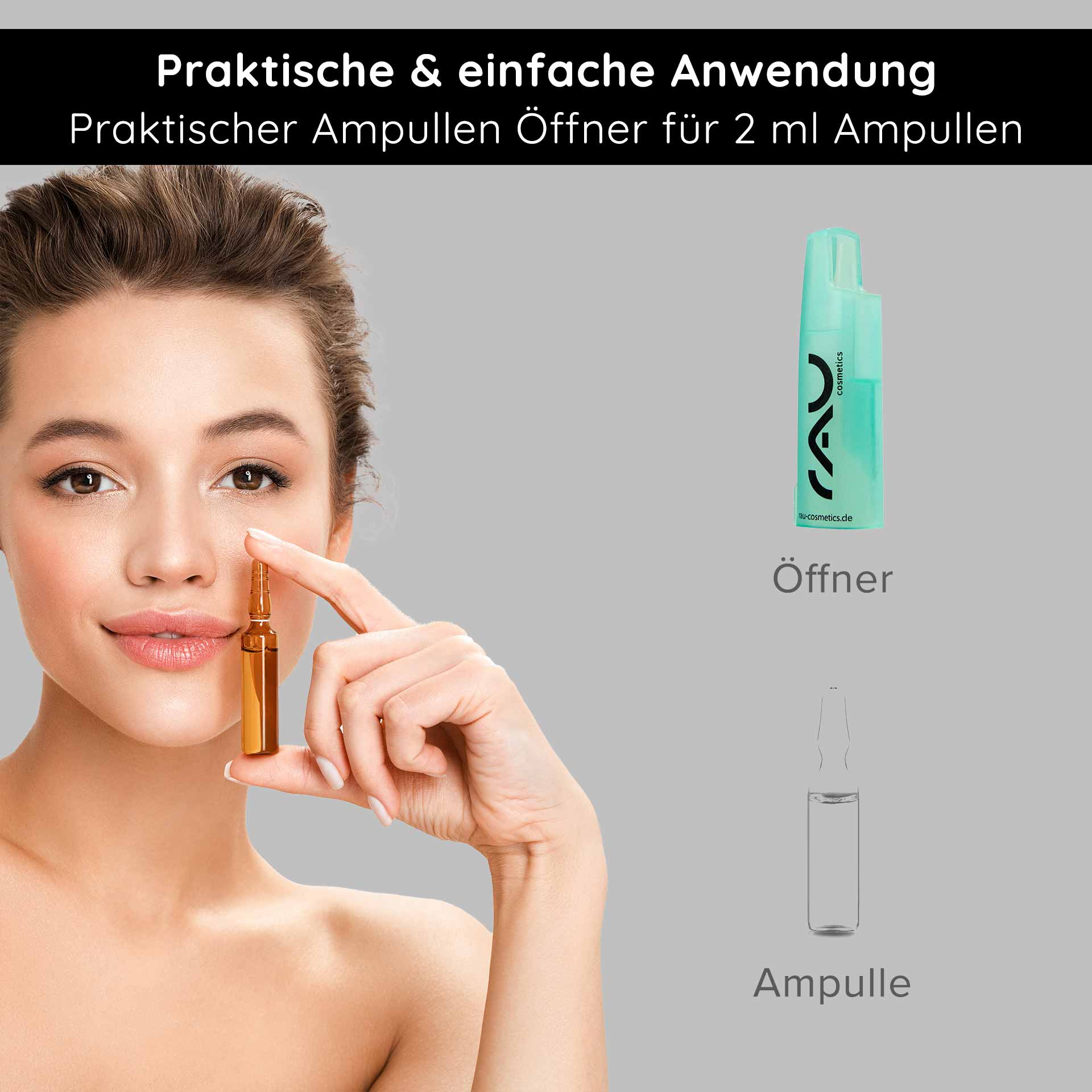 Apriscatole per fiale emetiche da 2 ml Praktischer Ampullenöffner von RAU Cosmetics für 2 ml Ampullen, abgebildet mit einer Person, die eine Ampulle hält, und dem Öffner daneben, mit Fokus auf sichere Anwendung und Benutzerfreundlichkeit.