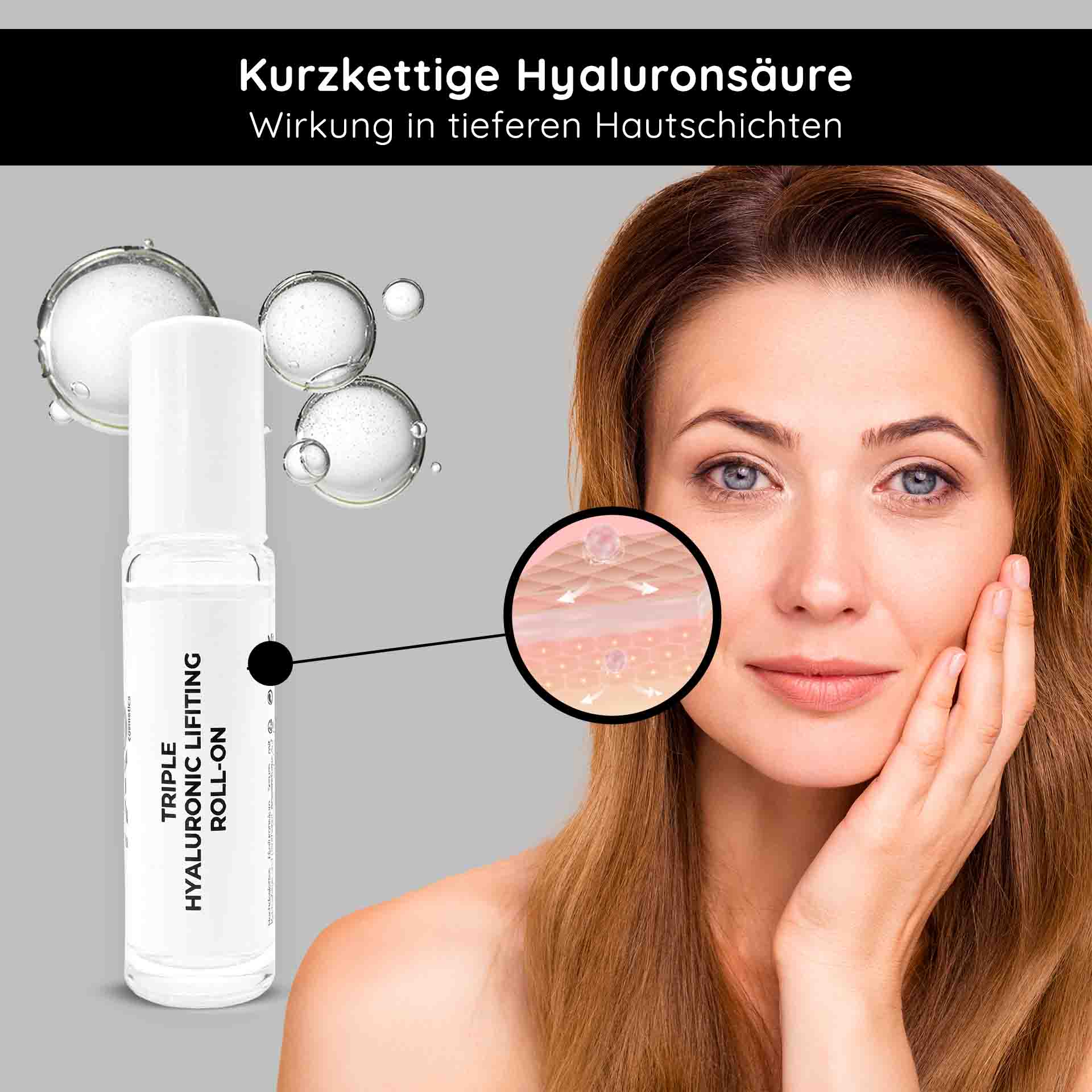 Triple Hyaluronic Serum Roll-On 10 ml con tripli acidi ialuronici Roll-On mit dreifachem Hyaluron-Lifting-Serum mit Hyaluronsäure-Kügelchen und einer Frau, die das Serum auf ihr Gesicht aufträgt und dabei die tiefe Feuchtigkeitsversorgung der Haut und die Anti-Aging-Wirkung betont.