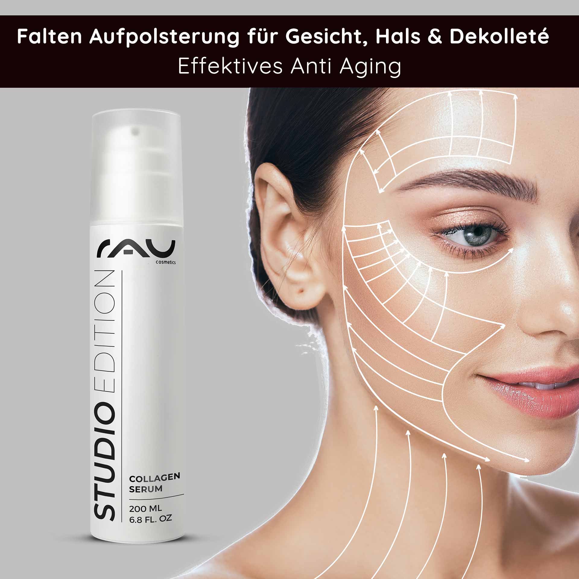 Siero al collagene 200 ml Trattamento anti-età con Trylagen Flasche RAU Collagen Serum mit Anti-Aging-Wirkung, mit dem Gesicht eines Models und Anwendungsanweisungen zur Hautverjüngung und Faltenreduzierung.