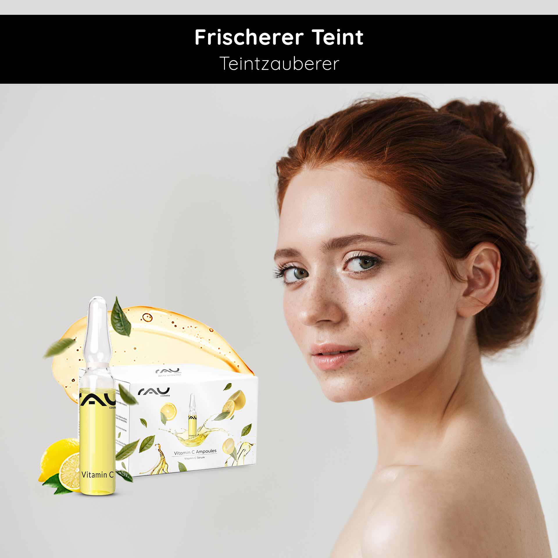Ampolle di vitamina C 14x2 ml per pelli mature e con imperfezioni Vitamin C Ampulle von RAU Cosmetics mit frischem Teint, umgeben von Zitronen und Pflanzenmotiven, für die Verbesserung des Hautzustands und einen strahlenden Teint.