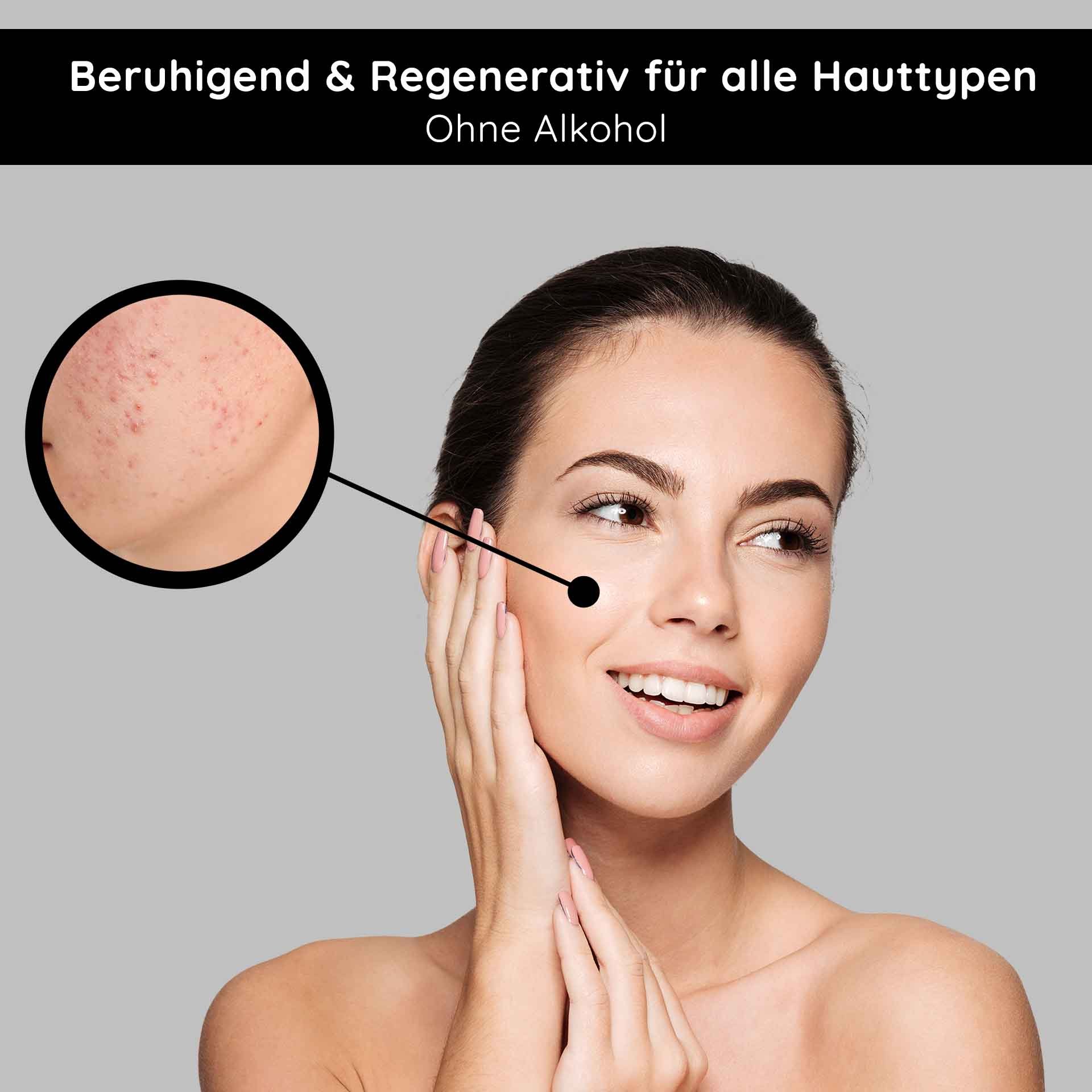 Cura del viso lenitiva e rigenerante per tutti i tipi di pelle, tonico senza alcool, applicazione su pelle sensibile, alterazioni cutanee visibili.