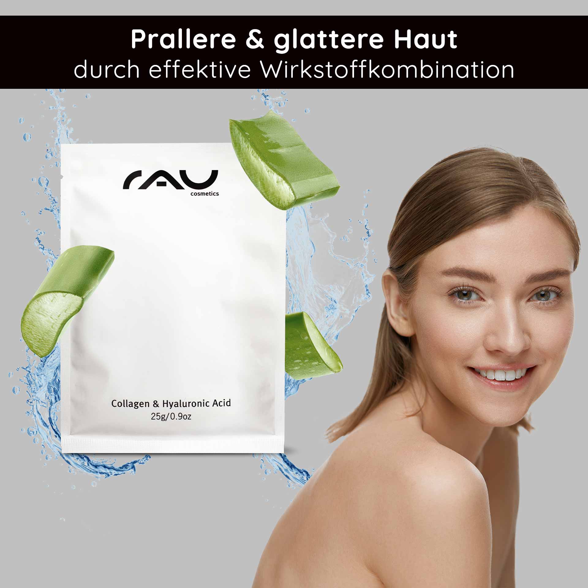 Maschera al collagene e all'acido ialuronico Maschera in pile con pantenolo Verpackung der Collagen- und Hyaluronsäure-Maske mit Aloe-Vera-Elementen und einer lächelnden Frau, die gesunde Haut präsentiert und die Anti-Aging- und Feuchtigkeitsvorteile betont.