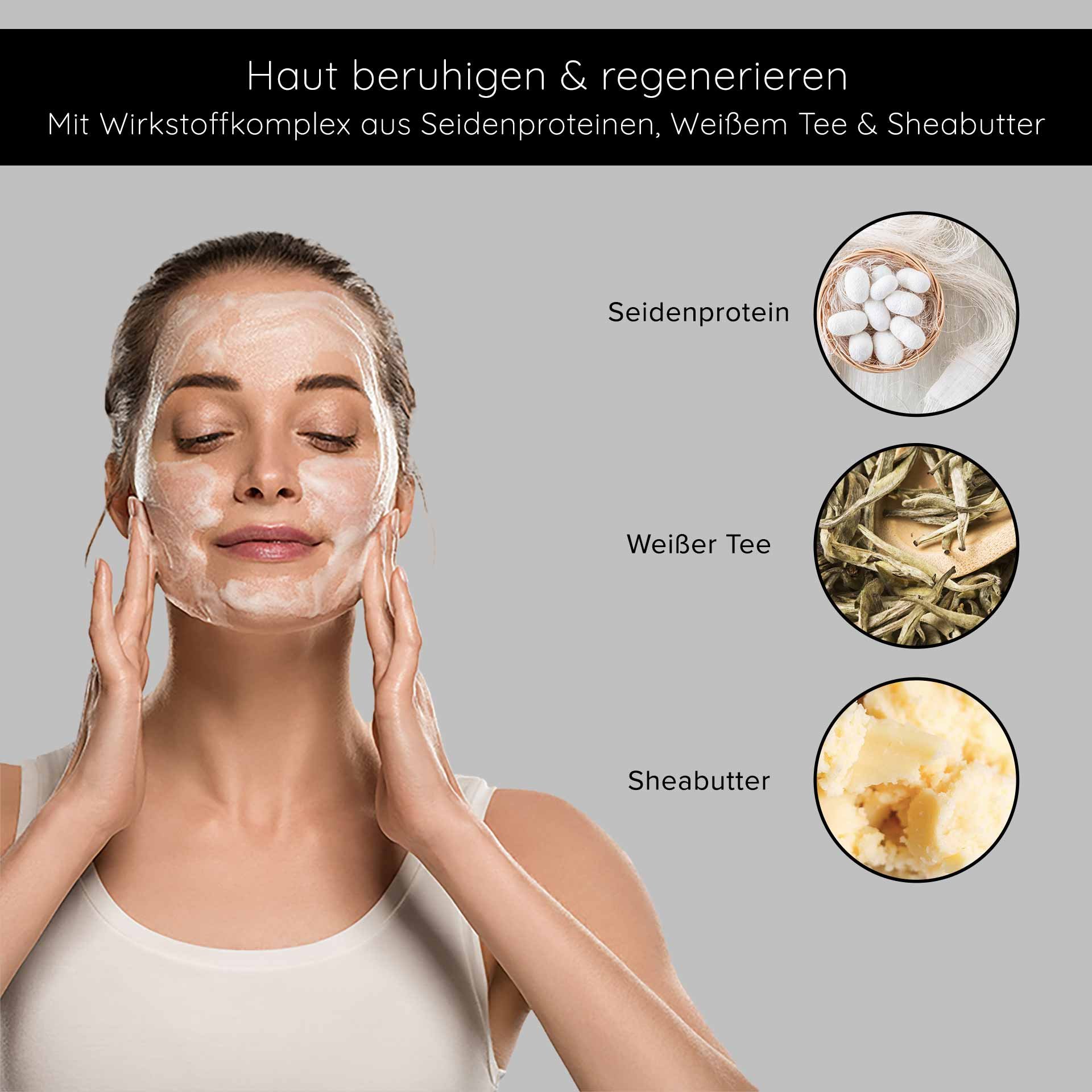 Frau con schäumender Gesichtsmaske, la Seidenproteine, weißen Tee e Sheabutter zur Hautberuhigung e -regeneration anwendet.