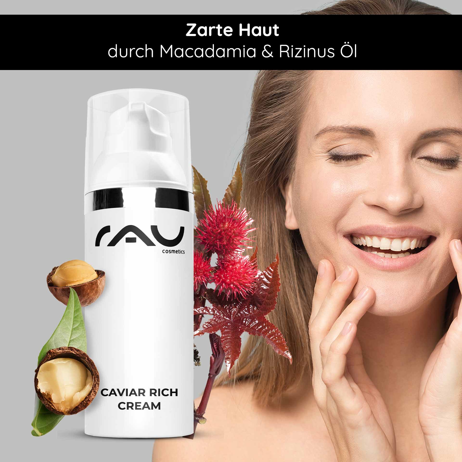 Flacone di Caviar Rich Cream con olio di macadamia e ricino, donna sorridente che si tocca il viso per promuovere i benefici di una pelle morbida.