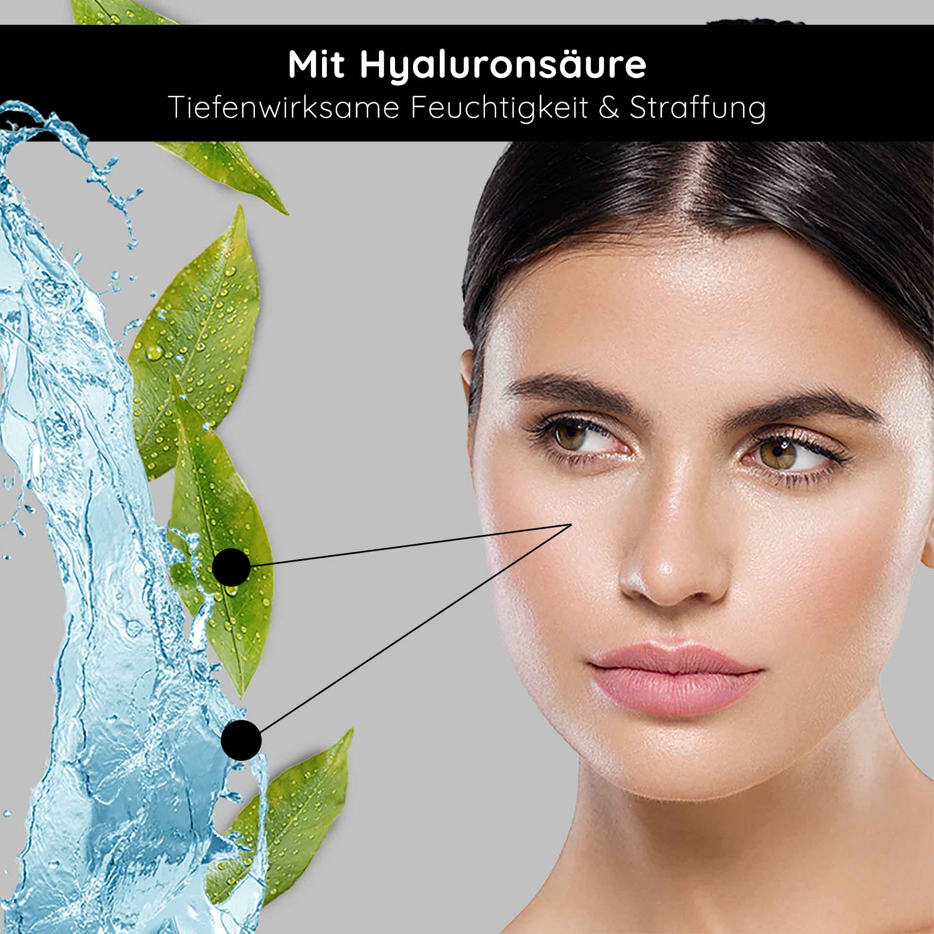 Siero al retinolo 100 ml - Siero alla vitamina A per pelli secche e mature Frau mit strahlender Haut, betont durch Hyaluronsäure, Wasser und grüne Blätter, symbolisiert intensive Feuchtigkeit und Hautstraffung, passend zur RAU Cosmetics Retinol Serum Produktbeschreibung.