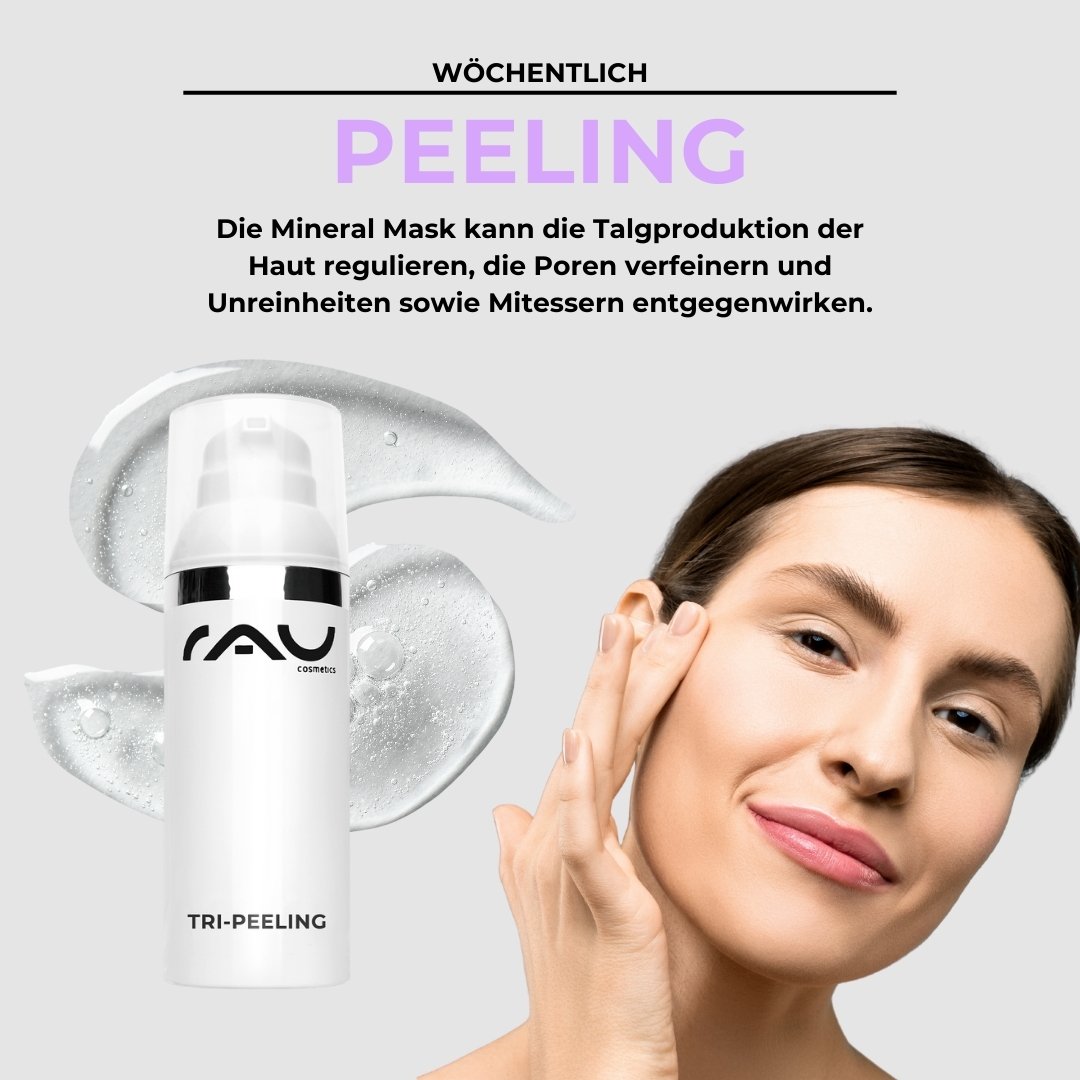 Peeling Produkt von RAU Cosmetics, Frau con glattem Teint e feuchtigkeitsspendender Consistenza, Applicazione zur Verbesserung unreiner trockener pelle.
