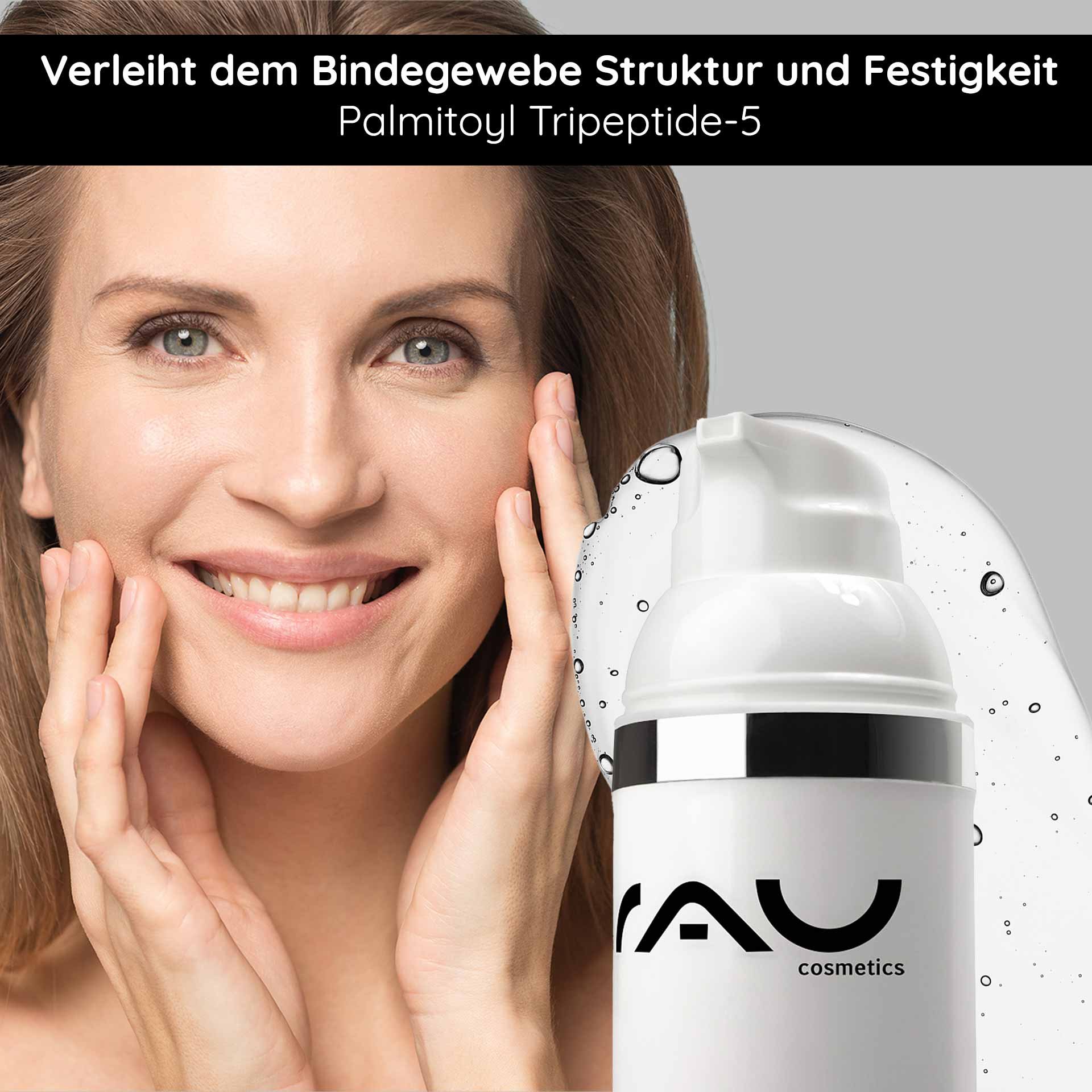 Donna dalla pelle liscia che applica Caviar Rich Cream di RAU Cosmetics, sottolineando le proprietà anti-age e l'effetto idratante della crema.