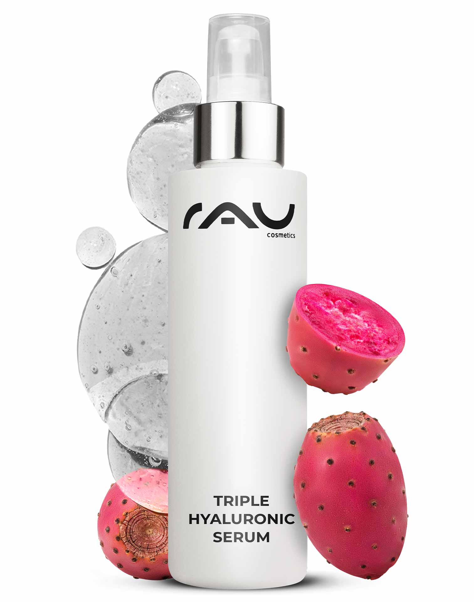Siero ialuronico triplo 100 ml con pantenolo e ialurone Flasche des Triple Hyaluronic Serum von RAU Cosmetics mit rosa Feigenkaktusfrüchten und Wassertropfen, die die Feuchtigkeitsversorgung und Anti-Aging-Vorteile für die Hautpflege fördern.