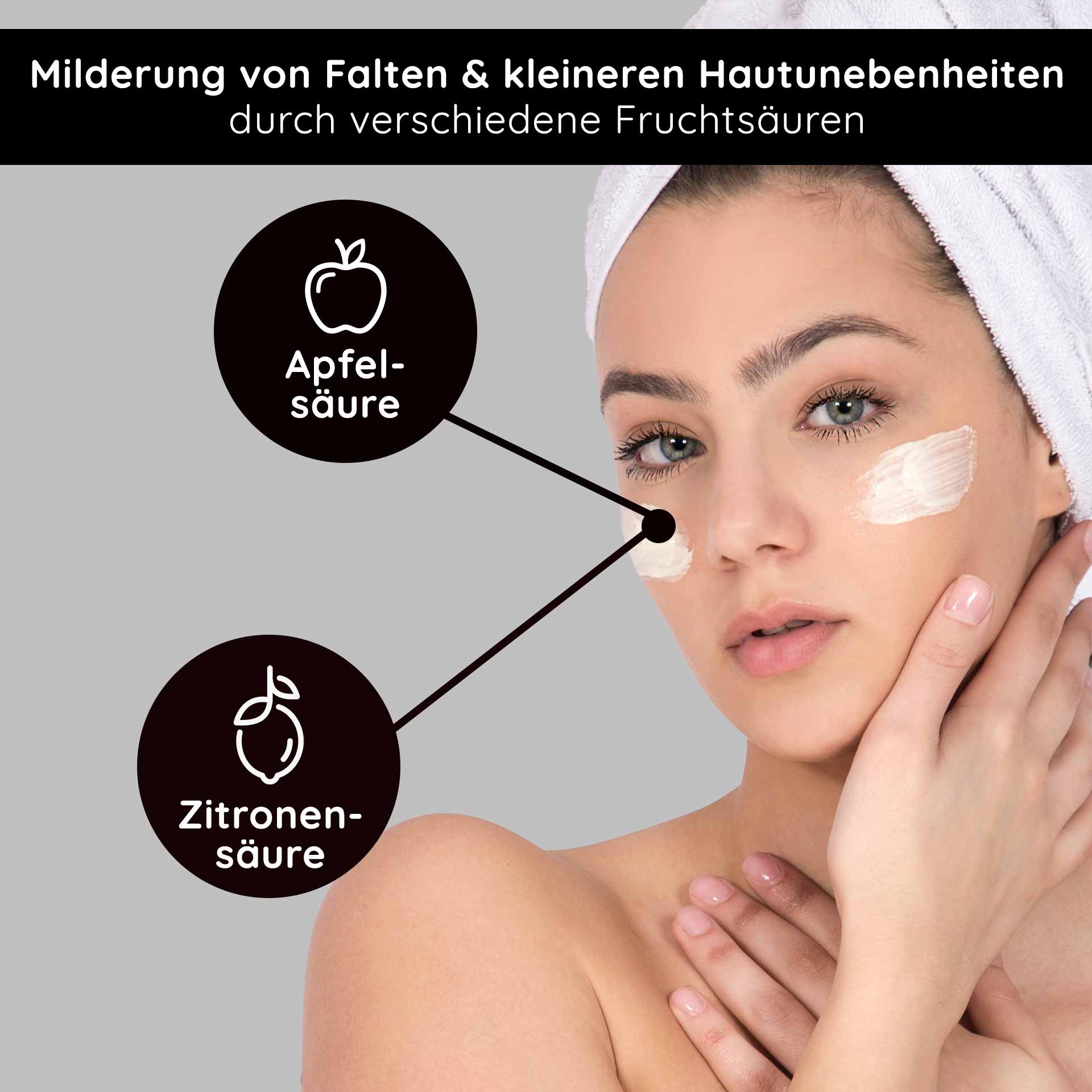 Crema agli acidi della frutta e BHA 50 ml - Crema agli acidi della frutta BHA Frau mit Hand im Gesicht, trägt Fruchtsäurecreme, hervorgehobene Inhaltsstoffe: Apfelsäure und Zitronensäure, zur Milderung von Falten und Hautunebenheiten.
