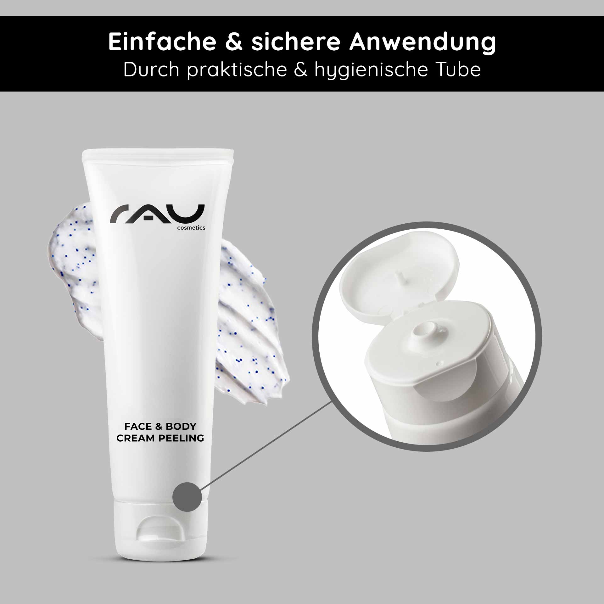 Crema peeling viso e corpo 75 ml Peeling meccanico RAU Cosmetics Face & Body Cream Peeling-Tube mit Peeling-Creme-Textur und hygienischer Kappe, die die Reinigung und Pflege der Haut fördert.