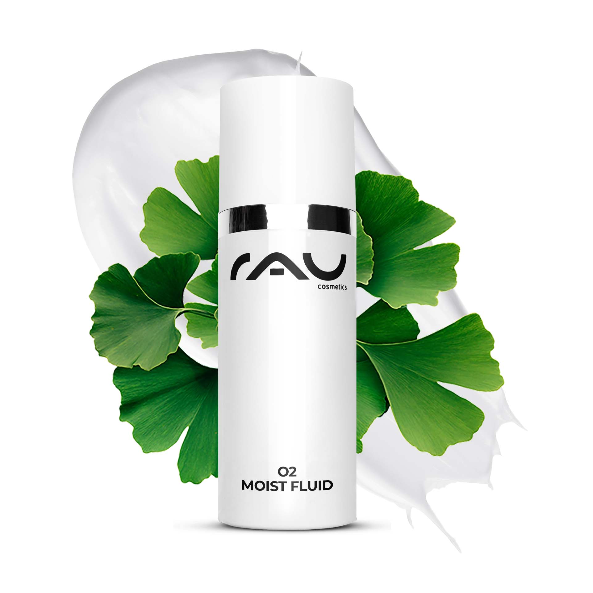 O2 Moist Fluid 50 ml crema da giorno per un colorito spento Flasche RAU O2 Moist Fluid mit Ginkgoblättern und cremefarbenem Hintergrund, die die Vorteile der Feuchtigkeitsversorgung und Hautverjüngung für trockene und reife Haut hervorhebt.