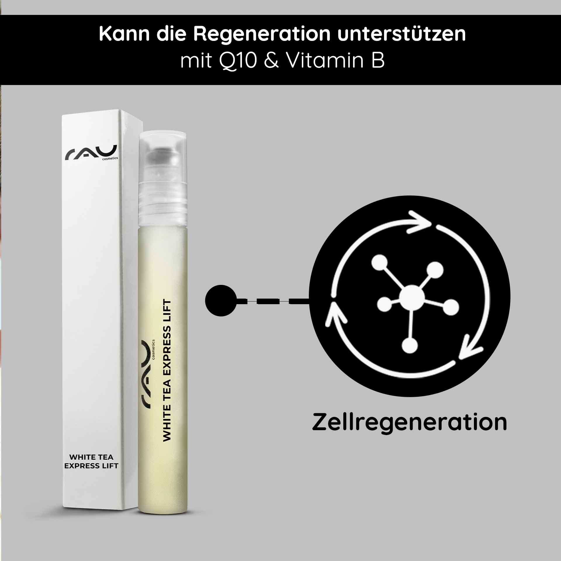 RAU Cosmetics White Tea Express Lift Roll-On Serum mit Q10 und Vitamin B, fördert die Hautregeneration und bietet Anti-Aging-Vorteile.