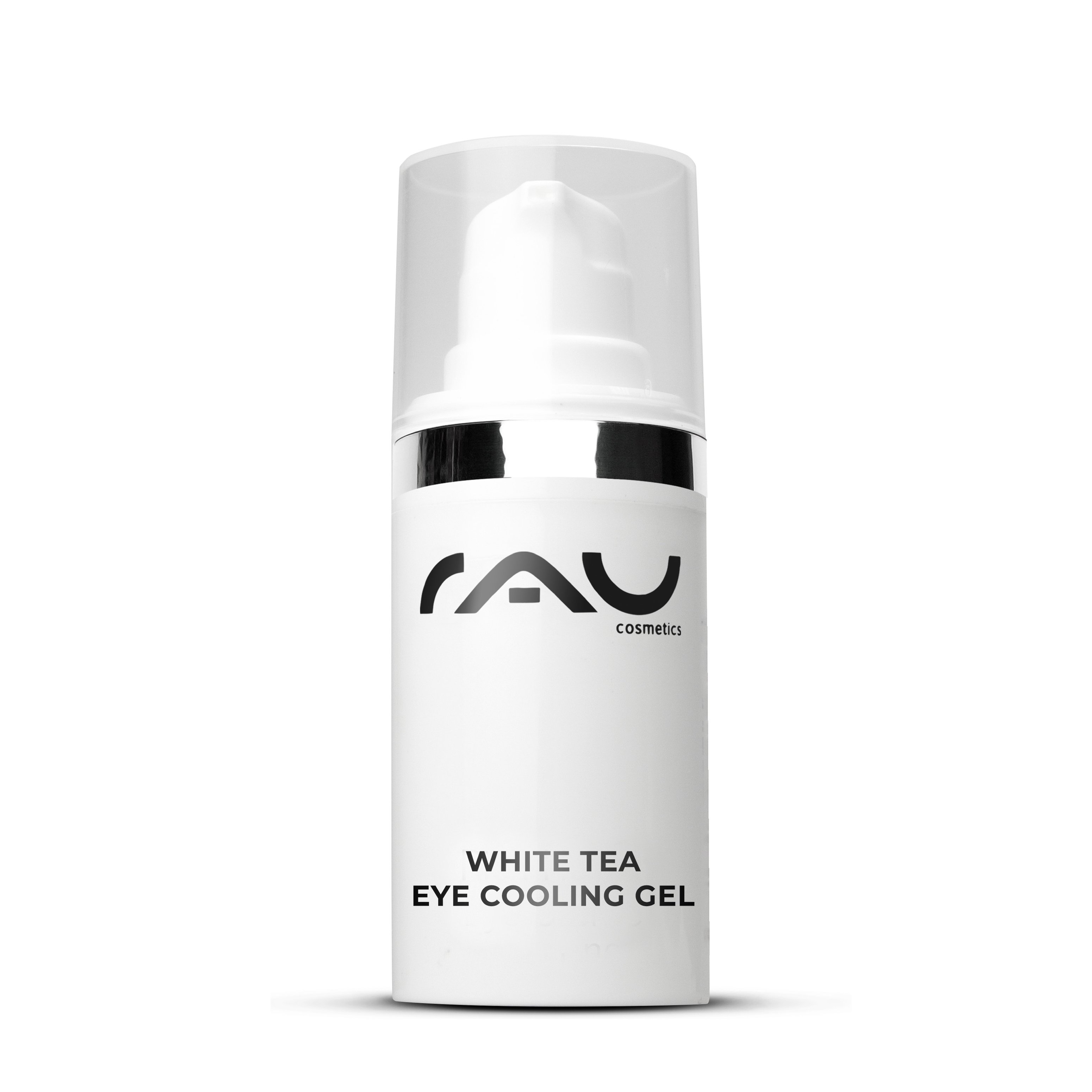 RAU Cosmetics White Tea Eye Cooling Gel 15 ml, anti-aging-Augencreme zur Reduzierung von Augenringen e Schwellungen, in einer eleganten weißen flacone con Pumpspender.