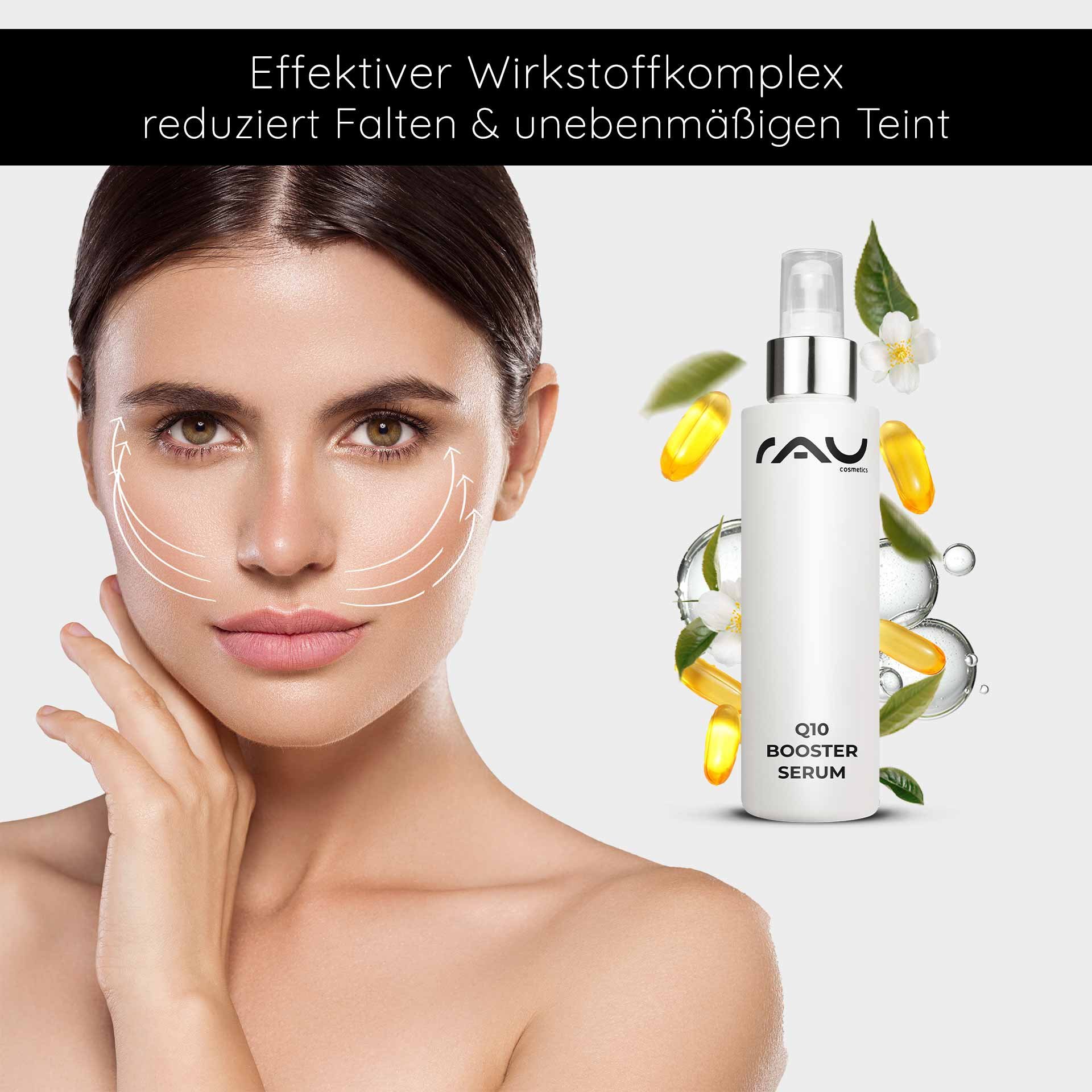 Efficace siero Q10 Booster di RAU Cosmetics, presentato su un viso con proprietà idratanti e anti-età, per ridurre le rughe e migliorare il colorito.