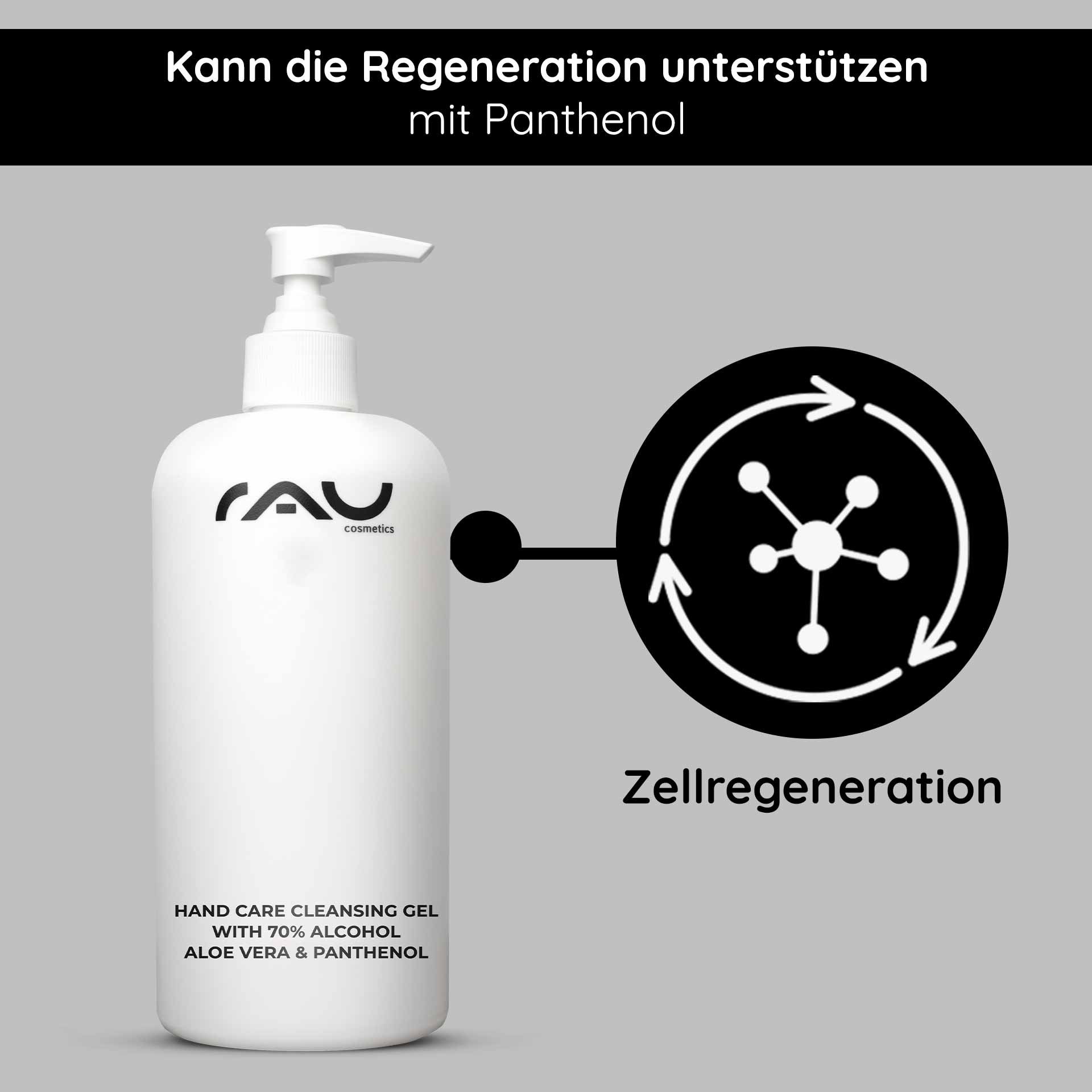 Flacone con pompa del Hand Care Cleansing Gel di RAU Cosmetics con il 70% di alcol, aloe vera e pantenolo, che evidenzia i benefici della rigenerazione cutanea.