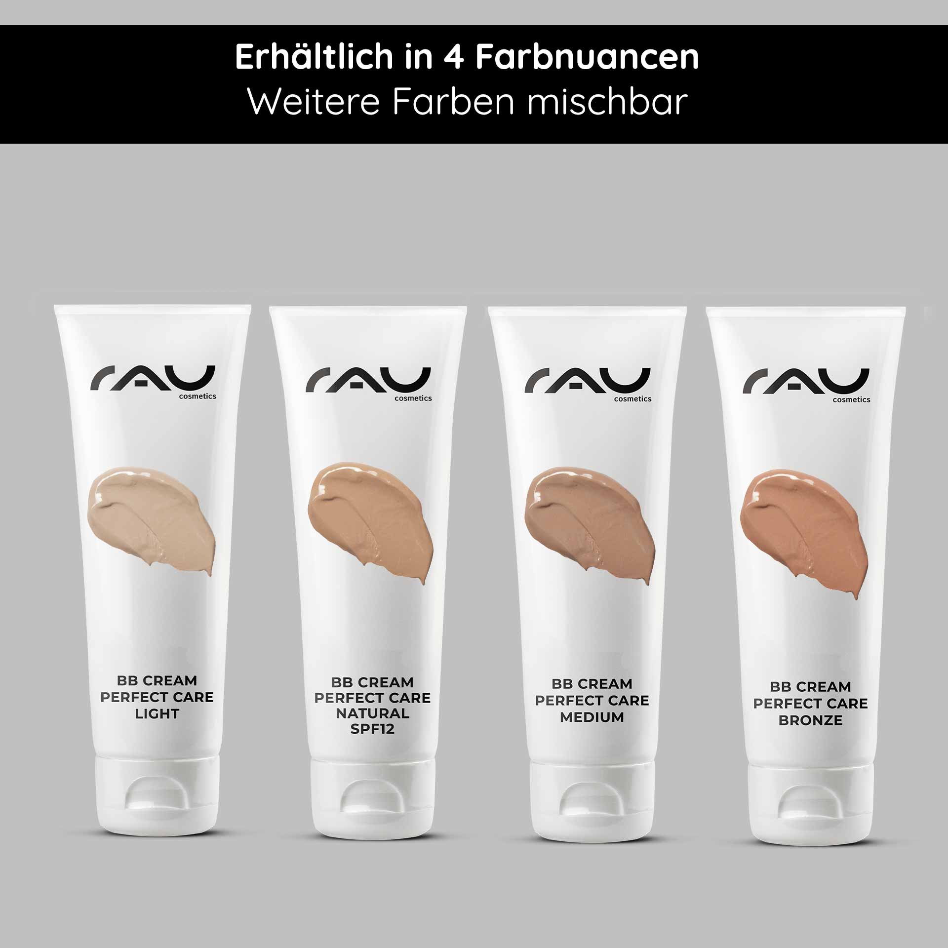 BB Cream Perfect Care Natural 75 ml SPF 12 Make-up & Care RAU Cosmetics BB Cream Perfect Care in vier Farbtönen: Light, Natural SPF 12, Medium und Bronze, präsentiert in eleganten Tuben mit Markenlogo, das die Vorteile für Hautpflege und Make-up hervorhebt.