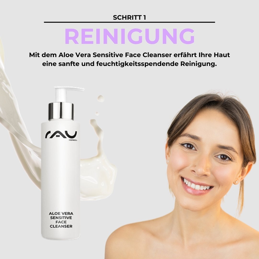 Aloe Vera Sensitive Face Cleanser di RAU Cosmetics con una donna sorridente che evidenzia la detersione delicata e idratante per la pelle sensibile.