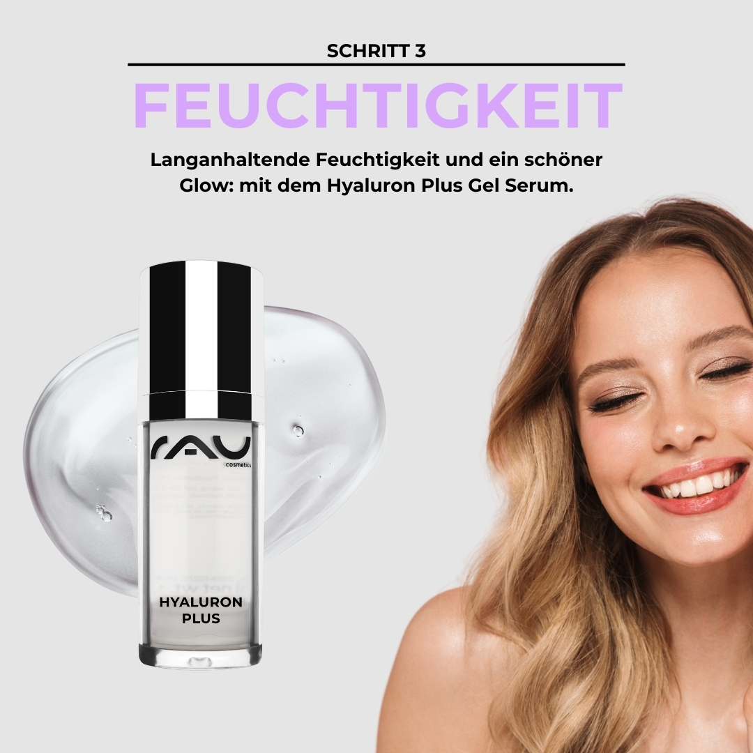 Routine di cura avanzata per pelli normali Hyaluron Plus Gel Serum von RAU Cosmetics, das die Feuchtigkeitsspeicherung und einen strahlenden Glanz betont, mit einer lächelnden Frau, die gesunde Haut zur Schau stellt.