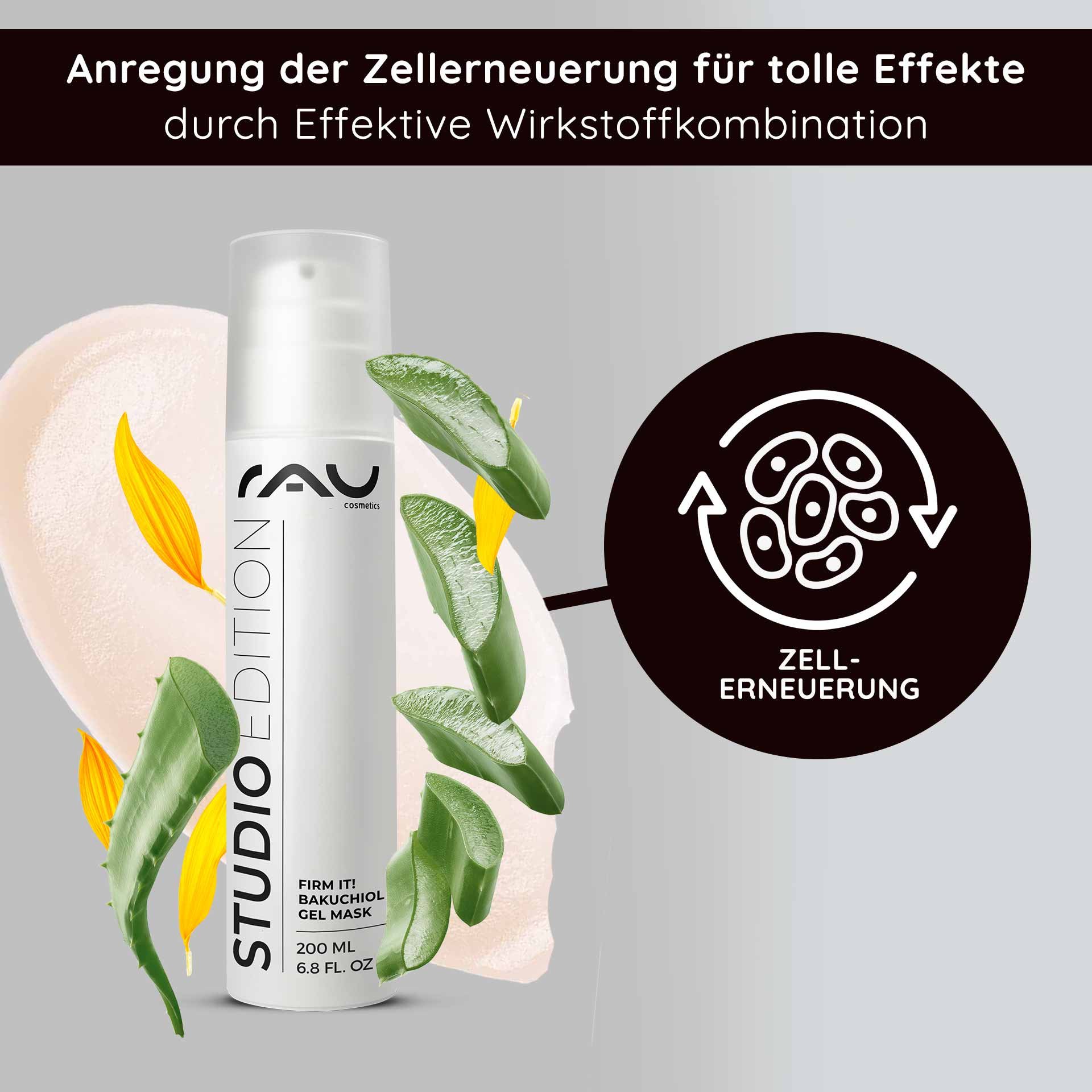 RAU Cosmetics Firm it! Bakuchiol Gel Mask 200 ml Verpackung mit Aloe Vera, gelben Blüten und grünen Blättern, die die Vorteile der Zellerneuerung in einem modernen Design hervorhebt.