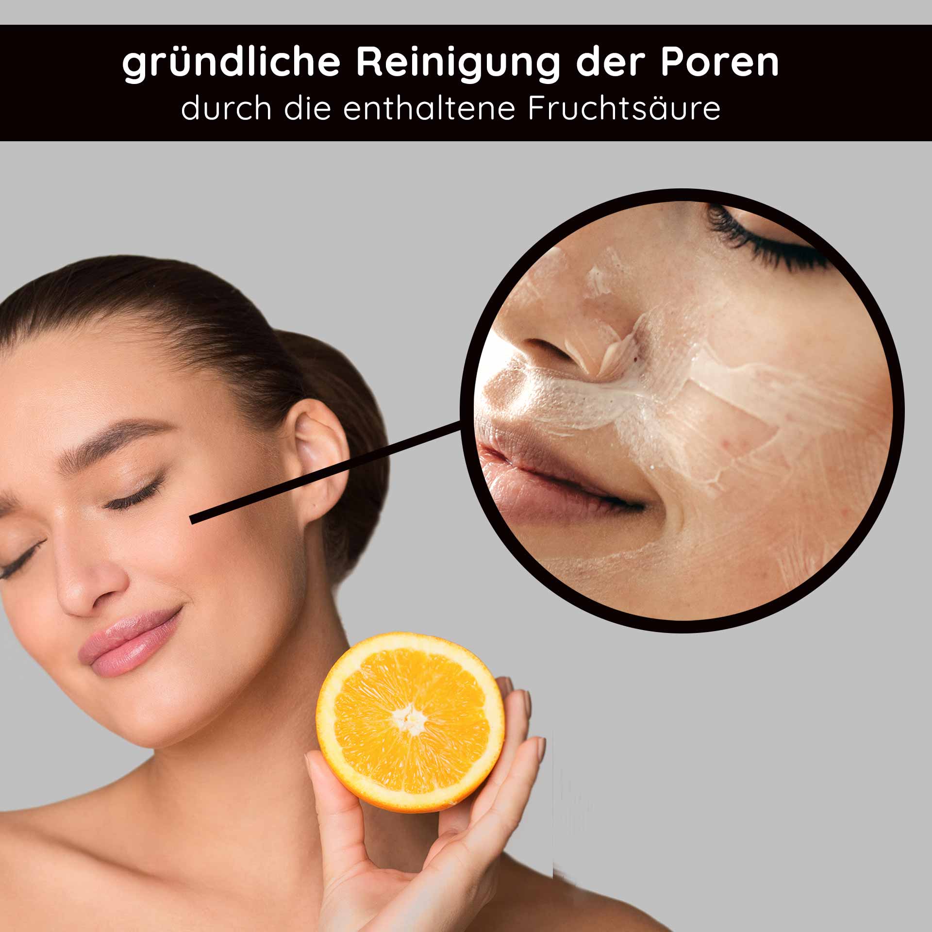 Lozione detergente 1000 ml Lozione detergente profonda Frau mit orangefarbener Zitrusfrucht, die eine Gesichtsreinigung mit Fruchtsäure anwendet, betont die gründliche Reinigung der Poren.