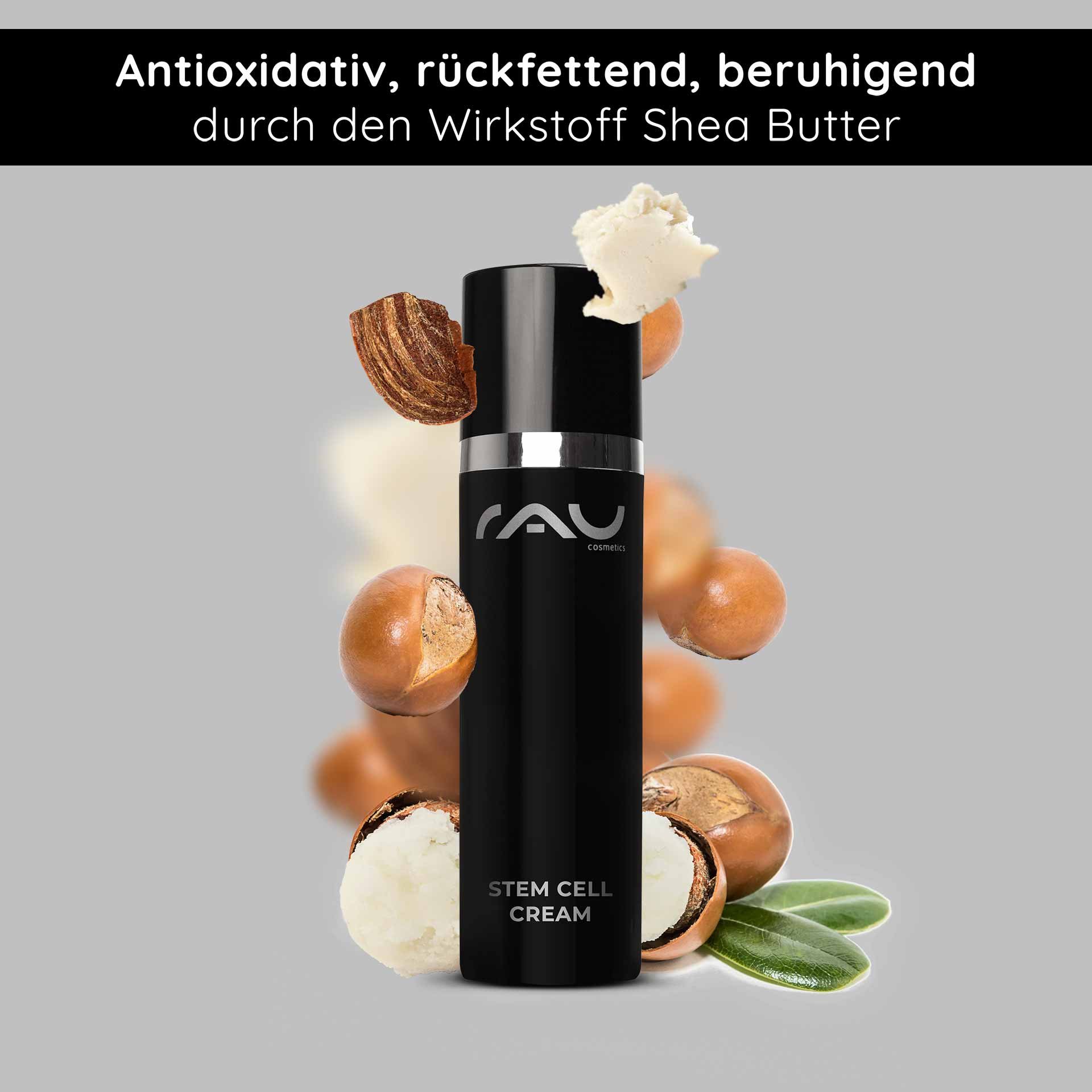 Flacone di crema alle cellule staminali di RAU Cosmetics con ingredienti al burro di karitè, che evidenzia le proprietà antiossidanti e idratanti per la cura della pelle anti-age.