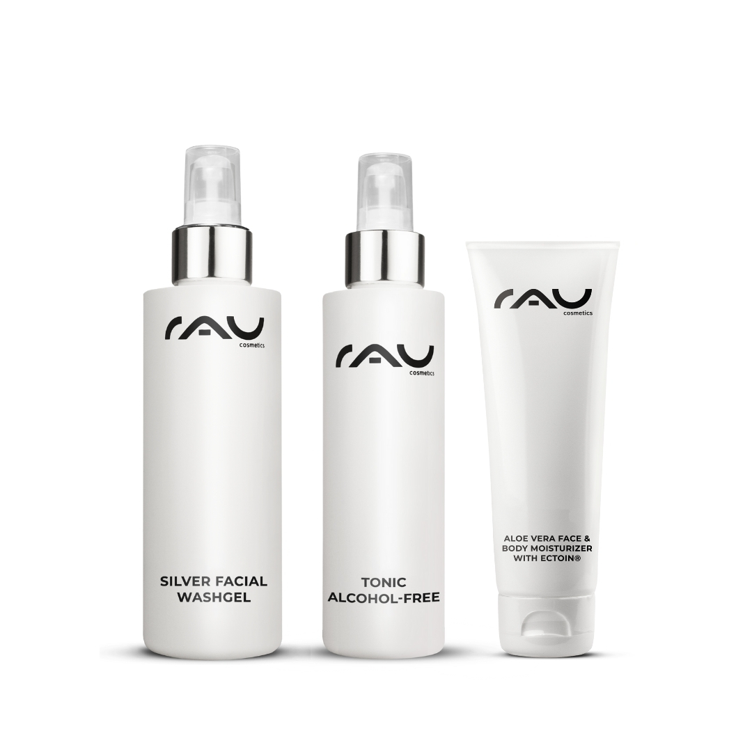 Routine di base per la pelle mista Basis Pflegeroutine für Mischhaut von RAU Cosmetics, bestehend aus Silber Gesichtswaschgel, alkoholfreiem Tonic und Aloe Vera Feuchtigkeitsgel.