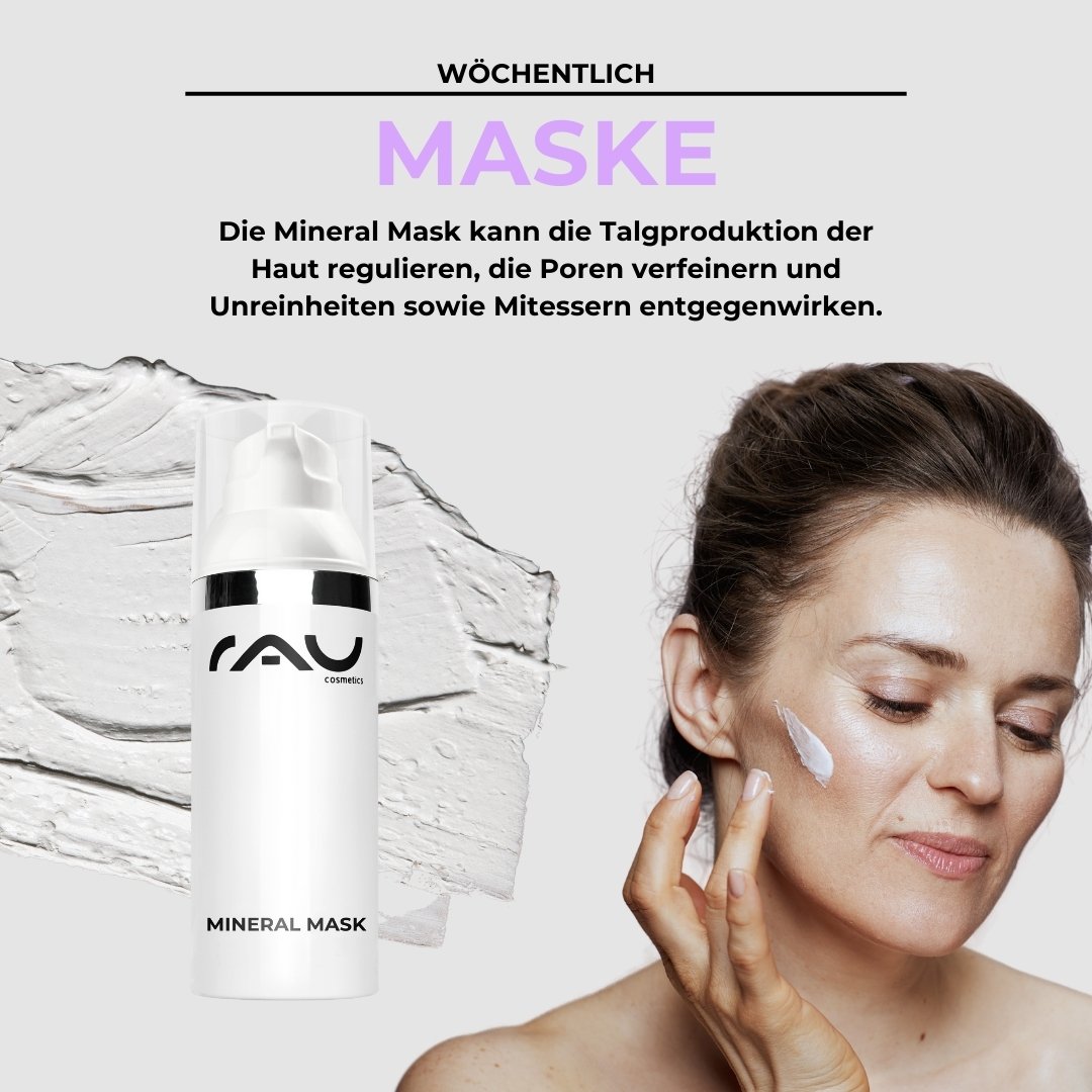 Mineralmaske von RAU Cosmetics, Frau trägt Maske auf das Gesicht auf, Hautpflege für fettige Haut, Vorteile umfassen die Regulierung der Ölproduktion und die Verfeinerung der Poren.