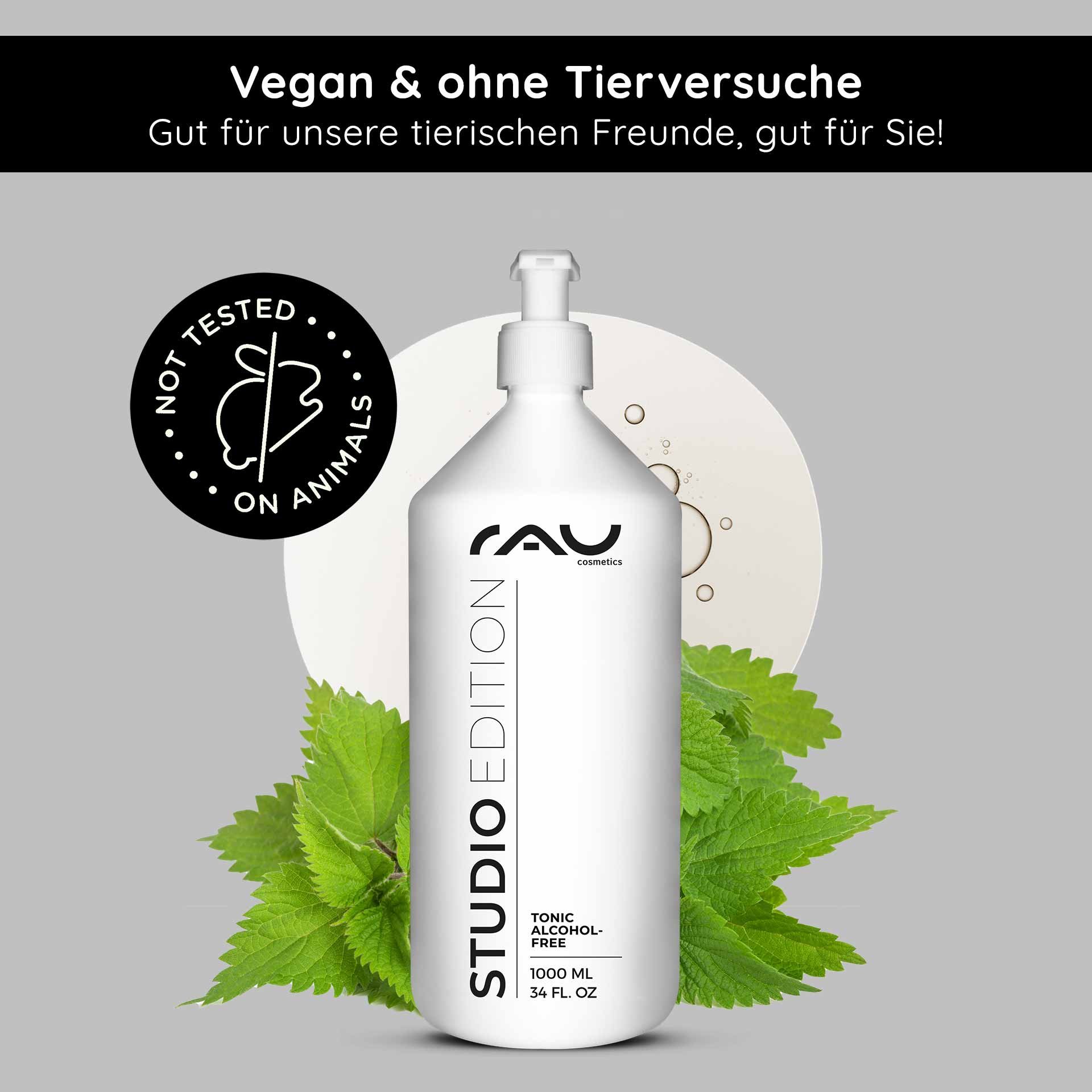 RAU Cosmetics Alkoholfreies Tonic Flasche mit Brennnesselblättern, mit Aufschrift „Vegan & ohne Tierversuche“, 1000 ml, für empfindliche Haut geeignet.