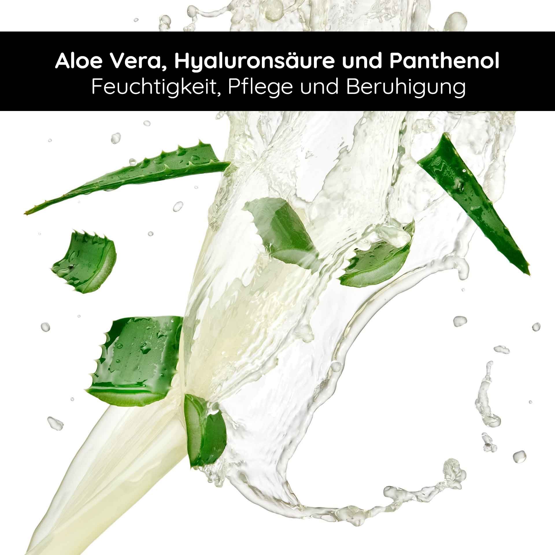 Aloe vera, acido ialuronico e pantenolo effervescenti nell'acqua, che simboleggiano idratazione e cura della pelle, in abbinamento all'autoabbronzante RAU Cosmetics per una sensazione naturale sulla pelle.