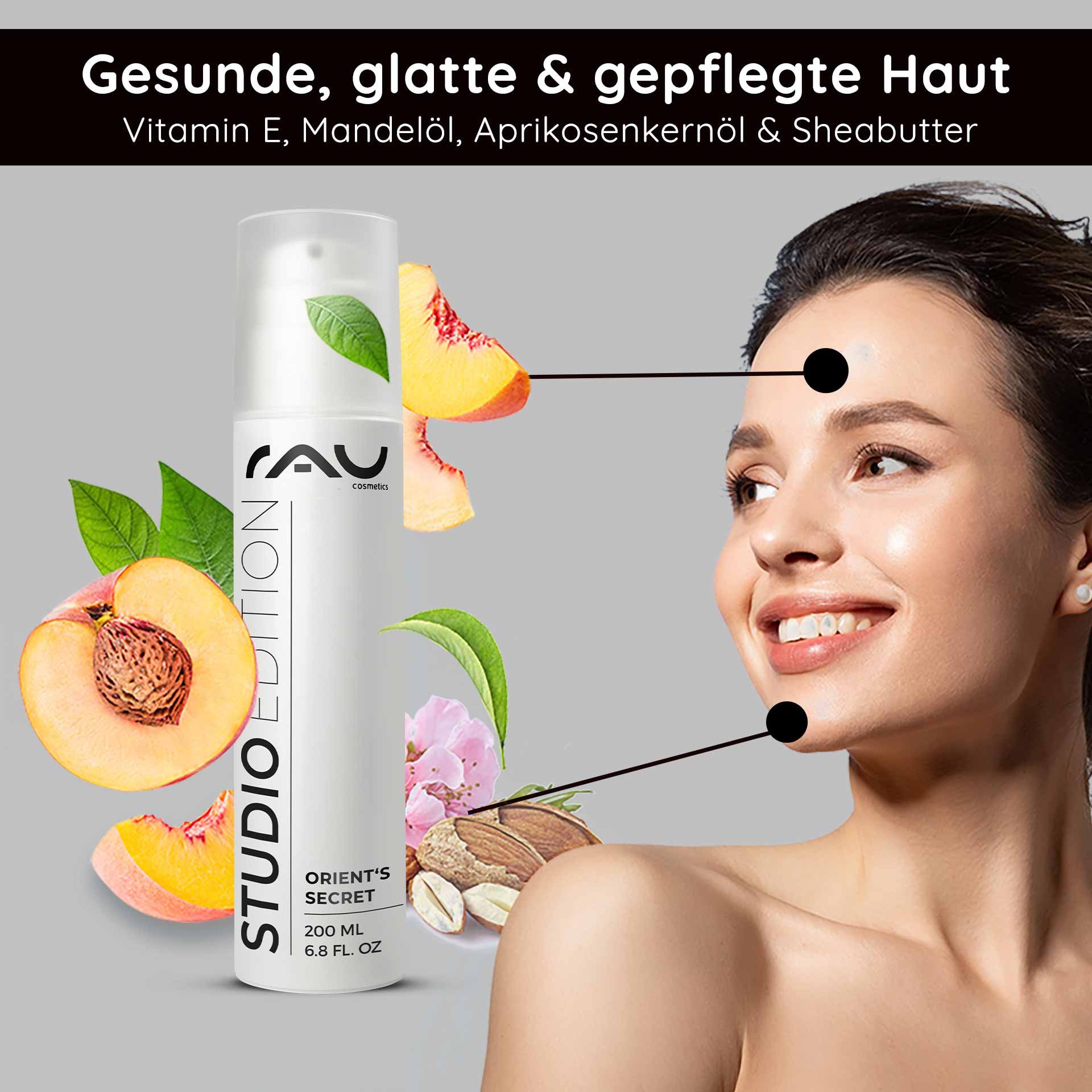 flacone del Gesichtscreme Orient‘s Secret von RAU Cosmetics con Pfirsich- e Mandelabbildungen, la la Vorteile per gesunde, glatte pelle con Vitamin E, Mandelöl, Aprikosenkernöl e Sheabutter hervorheben.