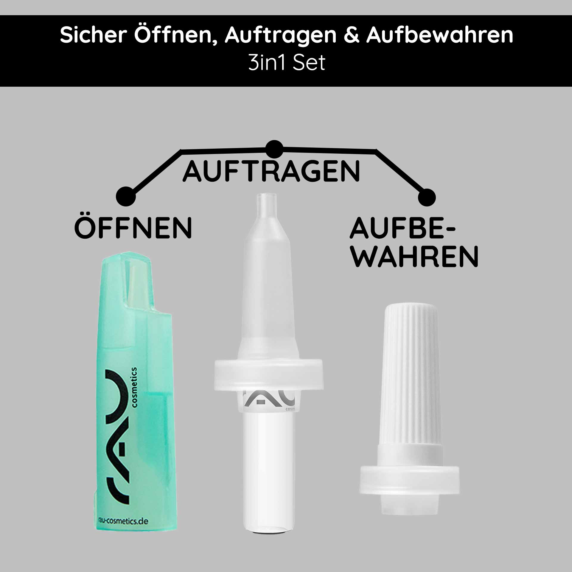 Set di aprifili e applicatori per fiale Ampullenöffner und Ampullenapplikator Set von RAU Cosmetics, 3-in-1 Set zur sicheren Öffnung, präzisen Anwendung und hygienischen Aufbewahrung von Gesichtsampullen.
