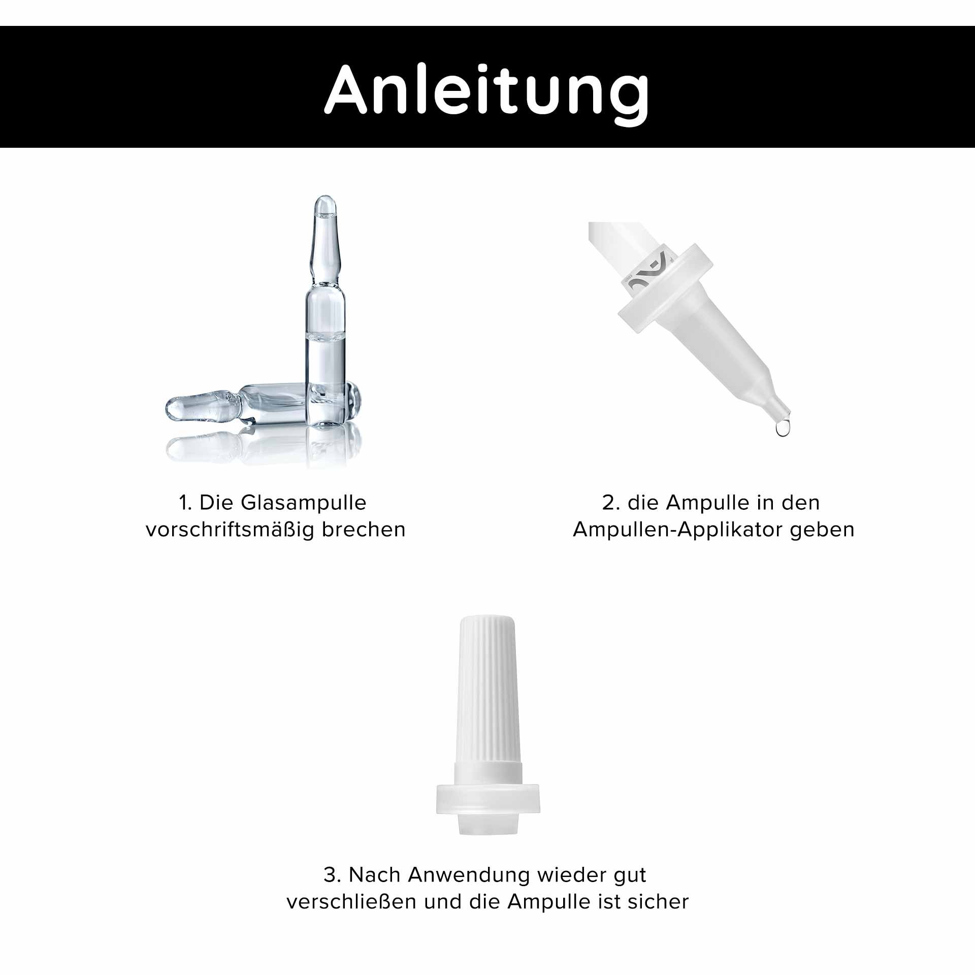 Anleitung zur Verwendung des Ampullen-Applikators mit Glasampullen, einschließlich Schritt-für-Schritt-Bildern für das Brechen der Ampulle, Einsetzen in den Applikator und sicheres Verschließen.