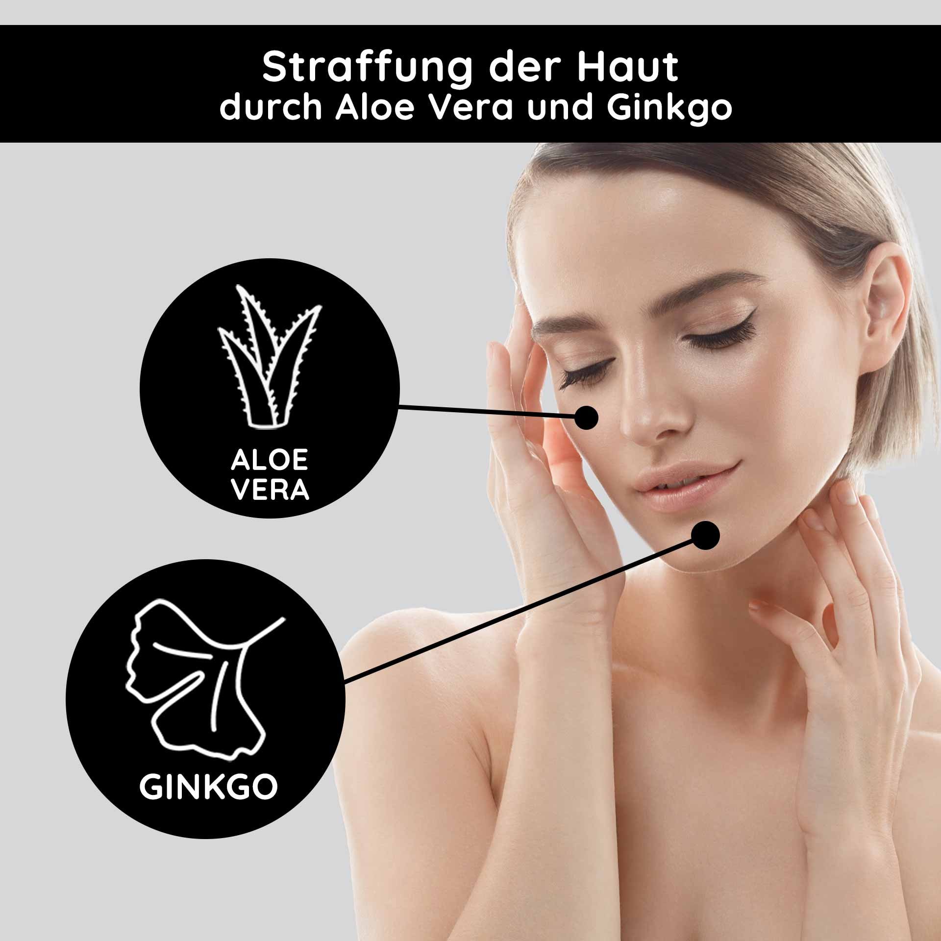 Donna dalla pelle liscia ed espressione dolce, circondata da simboli per aloe vera e ginkgo, che evidenziano le proprietà rassodanti della RAU Cosmetics O2 Rich Cream.