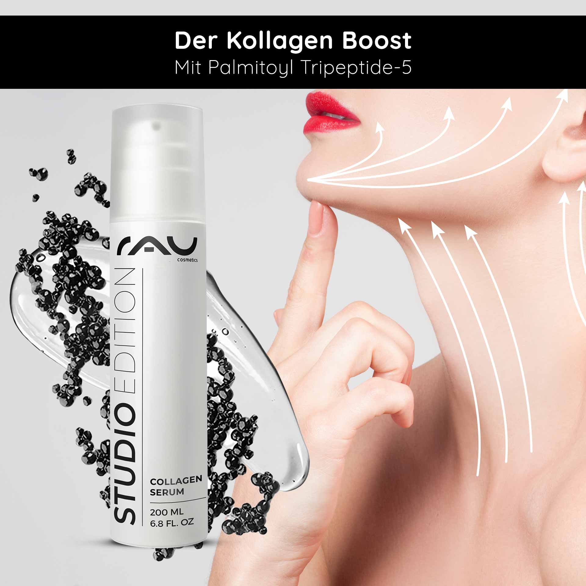 RAU Cosmetics Collagen Serum in einer eleganten Flasche mit Kaviarextrakt, das die Anti-Aging-Wirkung hervorhebt, wird mit Pfeilen auf die Haut aufgetragen, die den Lifting-Effekt anzeigen.