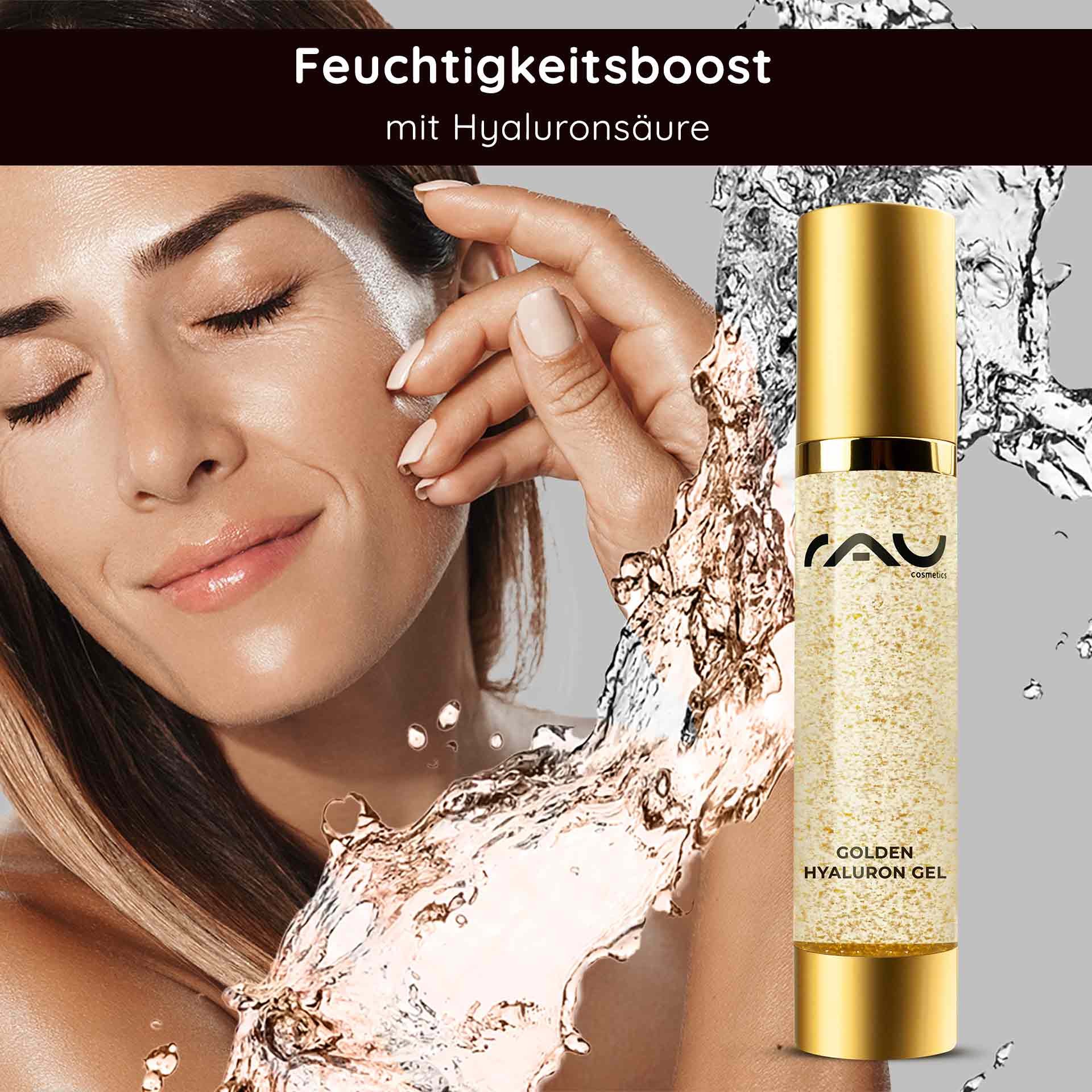 Frau con strahlendem Teint e goldenem RAU Golden Hyaluron Gel, umgeben von Wassertröpfchen, verkörpert luxuriöse Hautpflege e Feuchtigkeitsboost con Hyaluronsäure.