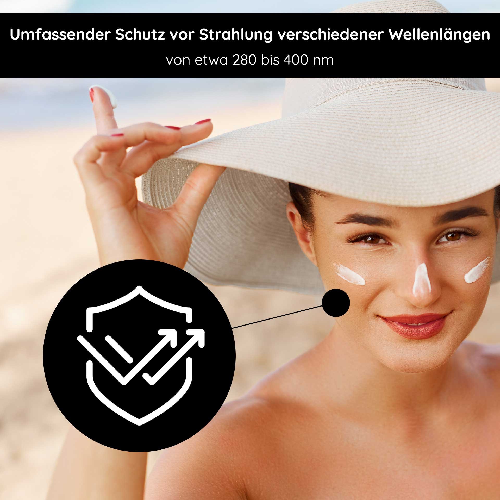 Frau con Sonnenhut e Sonnenschutzcreme im viso, betont umfassenden Schutz vor UV-Strahlung, RAU Cosmetics, SPF 50, Hautpflege.