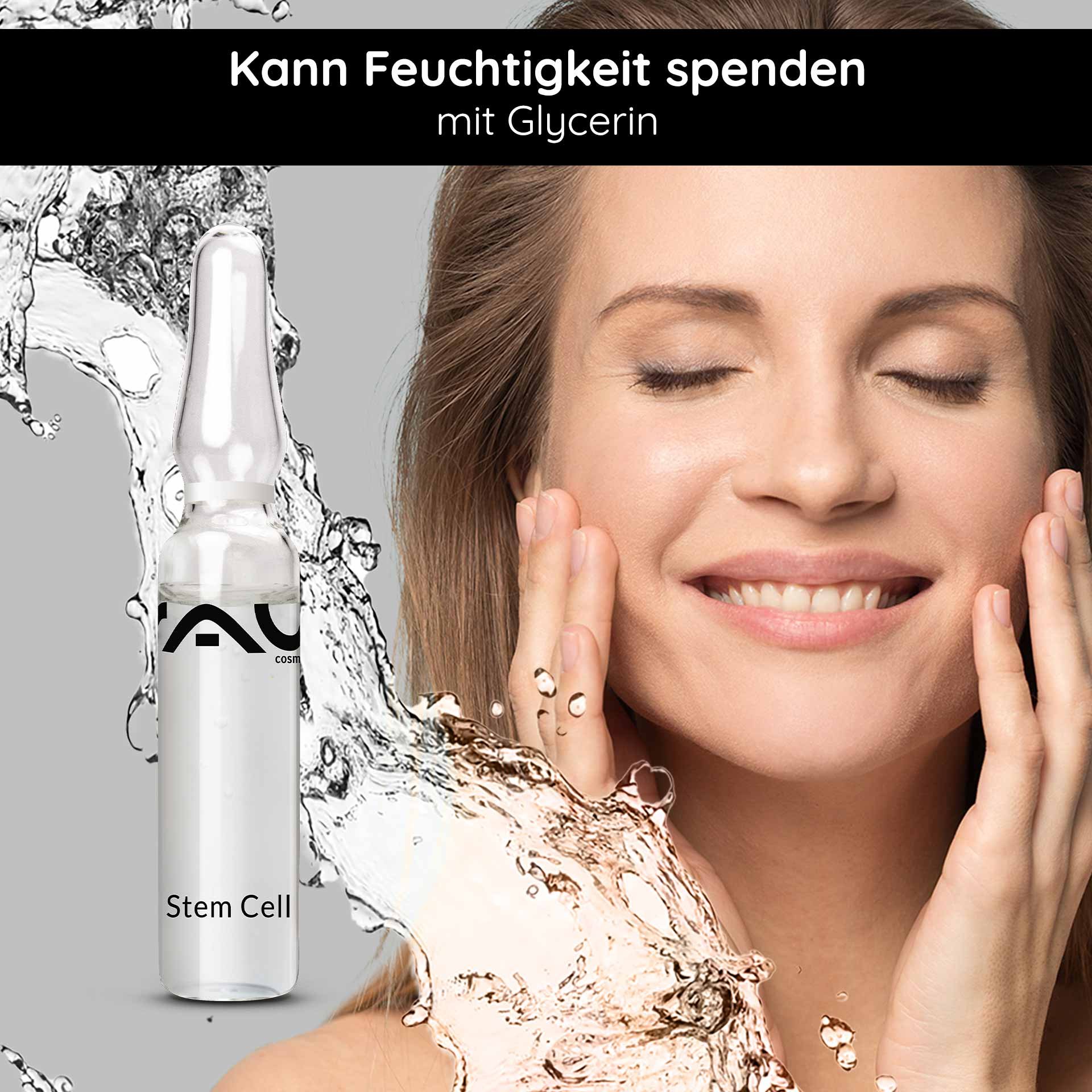 Ampolla di cellule staminali di RAU Cosmetics con glicerina, una donna applica il siero sul viso evidenziando l'apporto di idratazione e l'effetto anti-age.