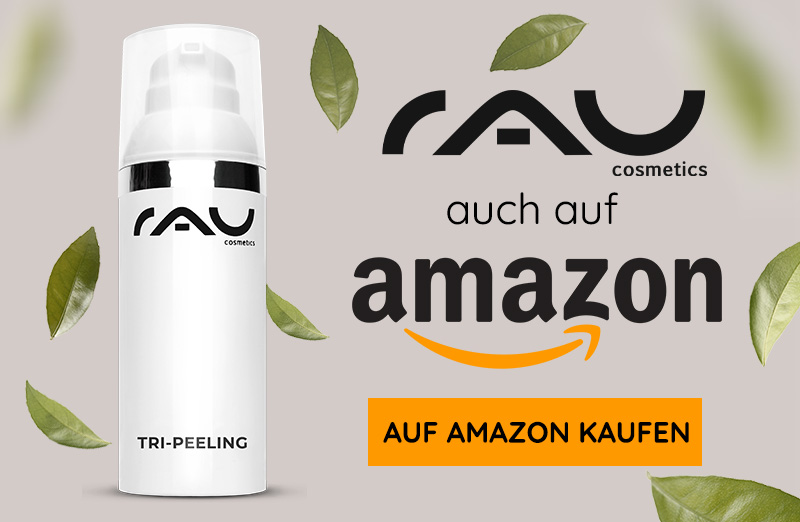 RAU Cosmetics Tri-Peeling Produkt, elegant Flasche mit Pumpe, weiΓe Verpackung, Markenlogo, erhΓ€ltlich auf Amazon.